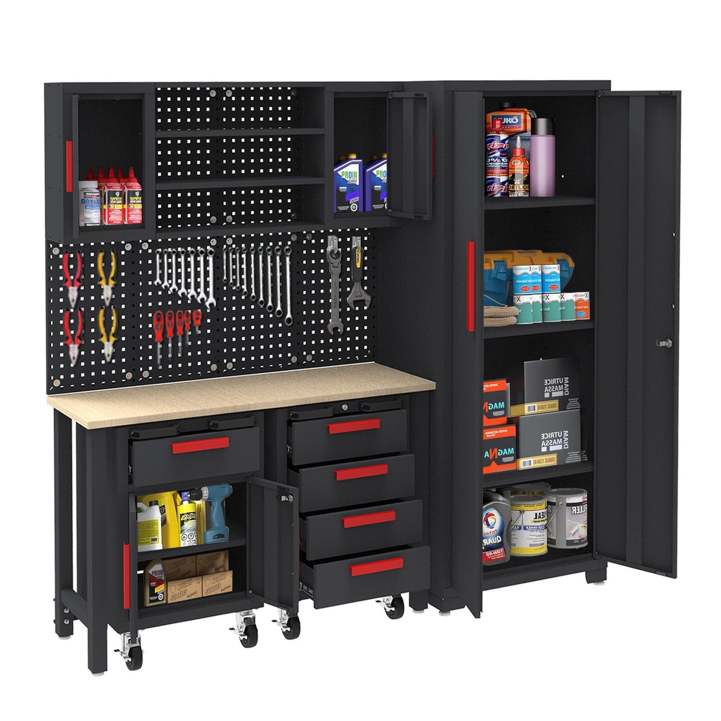 Big RED Garage Storage Cabinets System, 6-Pcs Workshop Cabinet Set in Black, Included Steel Cabinets Drawers Rolling Chest and Pegboard,Locked Garage Storage Cabinet