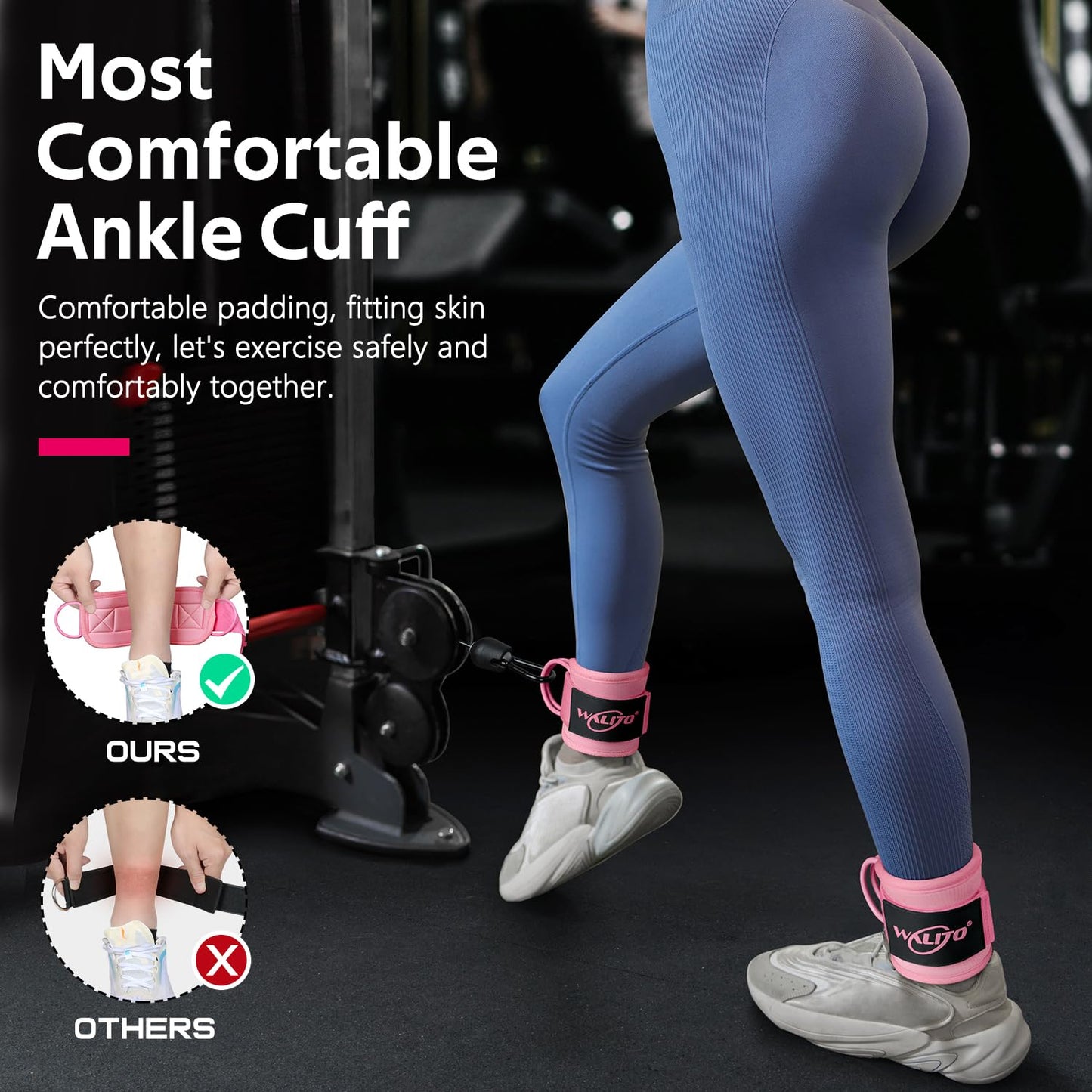 WALITO Gym Ankle Straps for Cable Machines Women & Men - Glute Kickback Ankle Cuff, Adjustable Cable Machine Accessories for Leg Extensions, Hip Abductors & Lower Body Workouts (Pair-Macaron Pink)