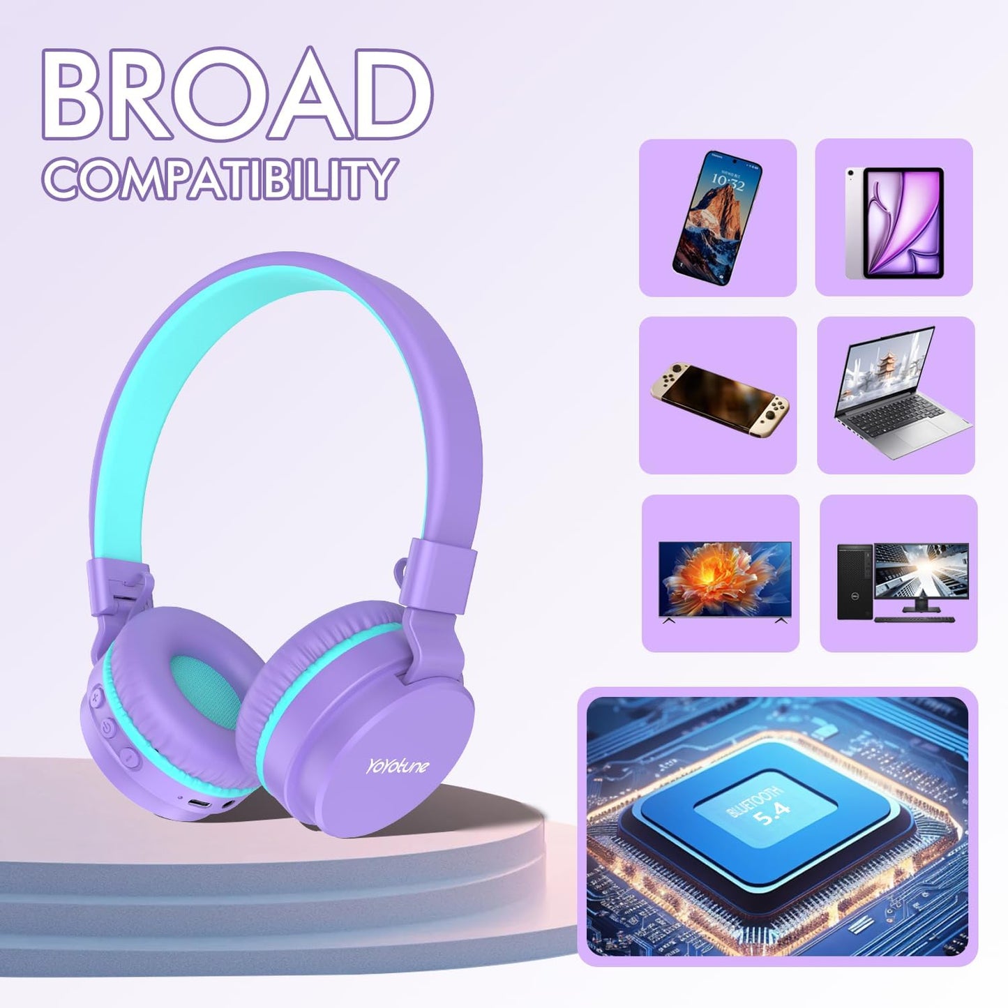 YOYOTUNE Wireless,85/94dB Volume,40H 5.3,Over Kids Bluetooth Headphones,Lightweight Kids Headphones Safe Playtime,Fast
