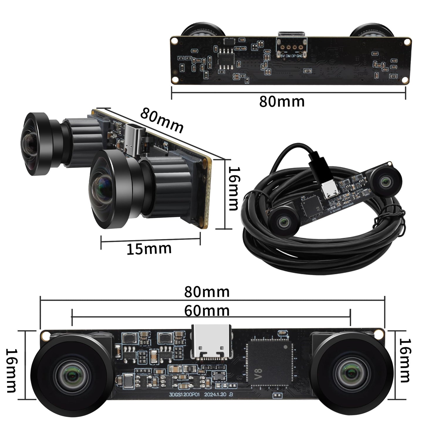 MMlove USB Stereo Camera Module 1200P 60FPS Global Shutter USB Webcam with Synchronous Dual Lens,600P 120FPS High Speed 3D Webcam 112° Wide Angle Lightburn Camera for VR,PC/Laptop/Raspberry Pi