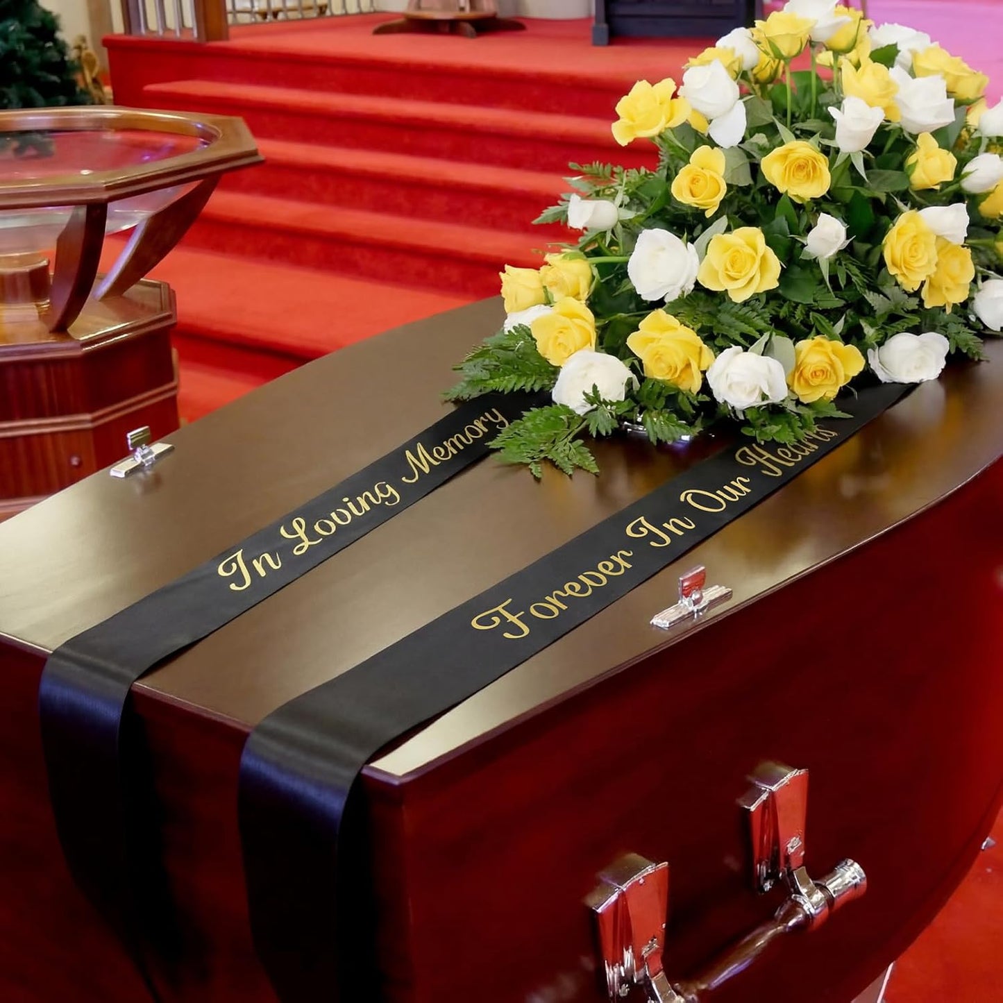 Norme Memorial Funeral Sash - 2 Pcs Satin Ribbon in Loving Memory | 63x3.8'' Black for Casket Wreaths