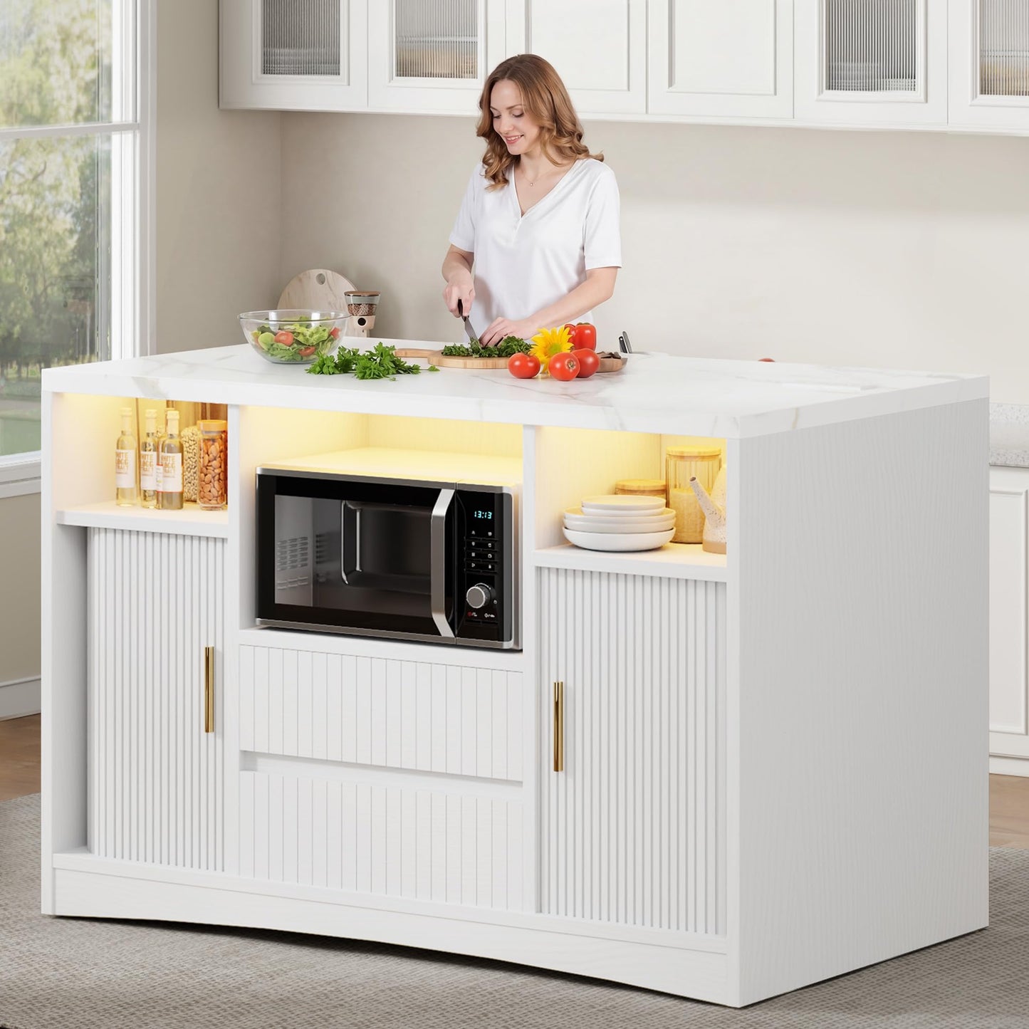 Homiflex Kitchen Island with Storage, Island Table for Kitchen with Power Outlet & LED Light, Rolling Buffet Cabinet with Fluted Sliding Door, 2 Drawers, Large Countertop, White