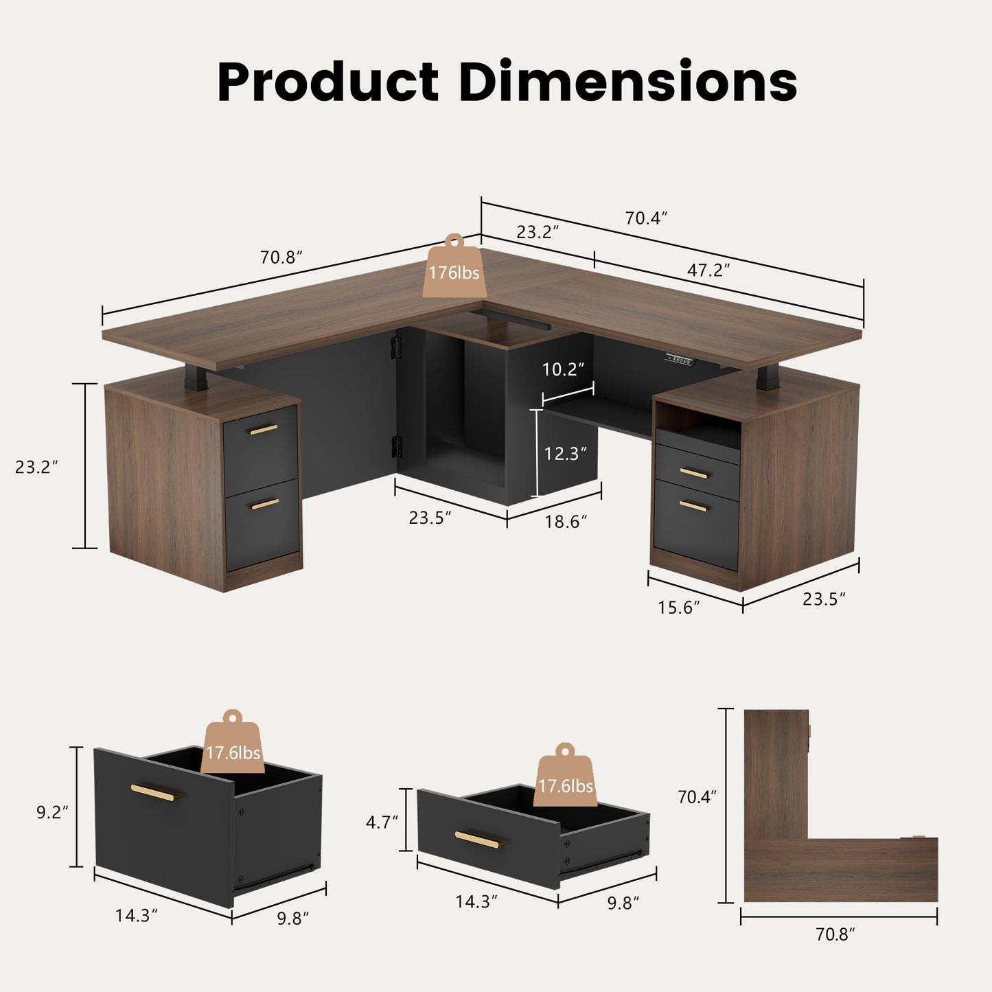 ModernMate 71" L-Shaped Electric Standing Desk with 5 Drawers, One-Piece Height Adjustable Executive Stand Up Desk, AC/USB & Privacy Panel, Home Office Workstation with Storage, Black Walnut