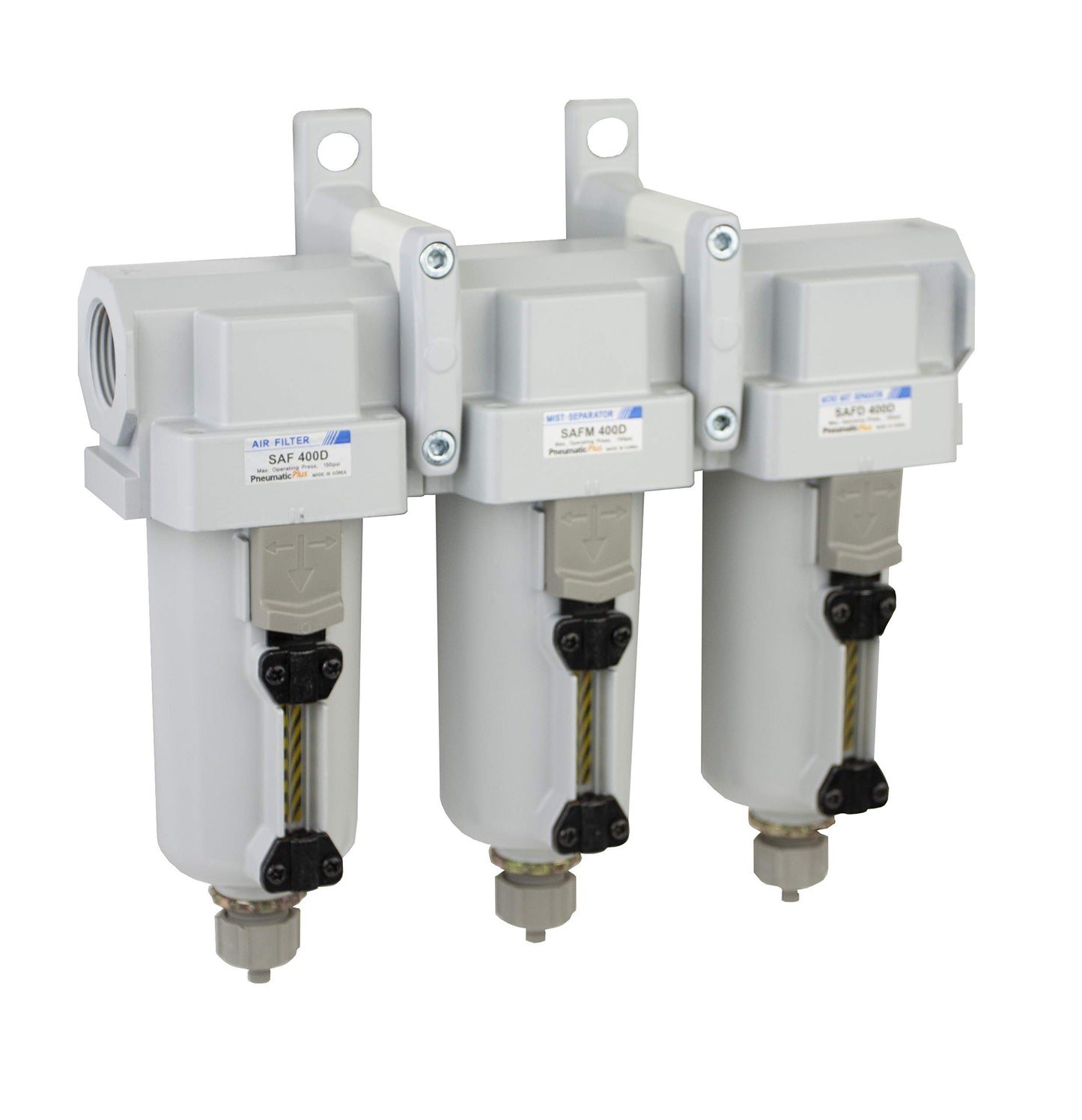 PneumaticPlus SAFU460-N06-MEP Air Particulate (10 µm), Oil Removing (0.1 µm), Coalescing (0.01 µm) Filter Combo, 3/4" NPT, Metal Bowl w/Manual Drain