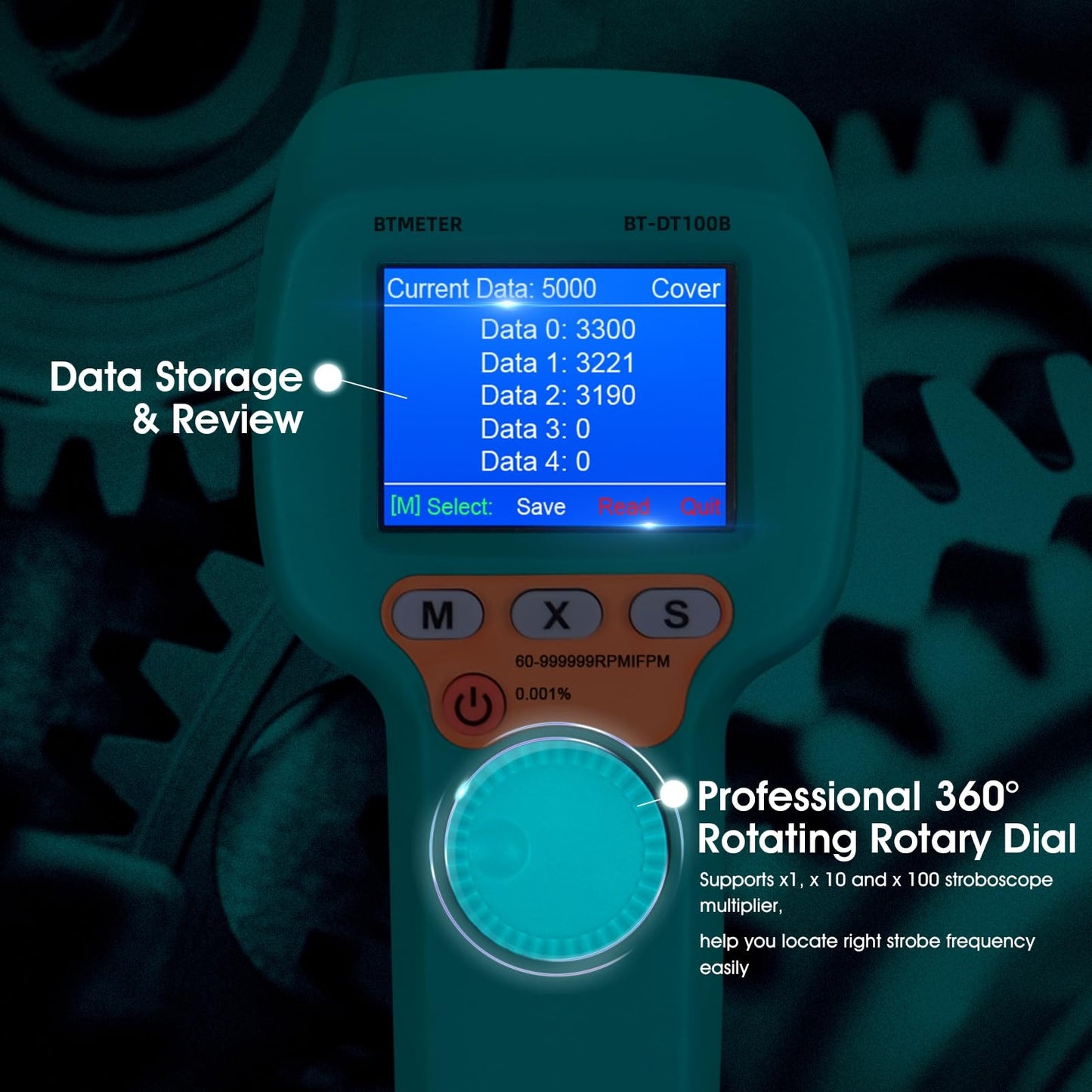 BTMETER Stroboscope Strobe Light Tachometer Non Contact Measure 60-999999 RPM/FPM Velocity Hz with 0.001% Accuracy, Handheld Speedometer Gun DT100B for Car Engine Gear Motor Troubleshoot