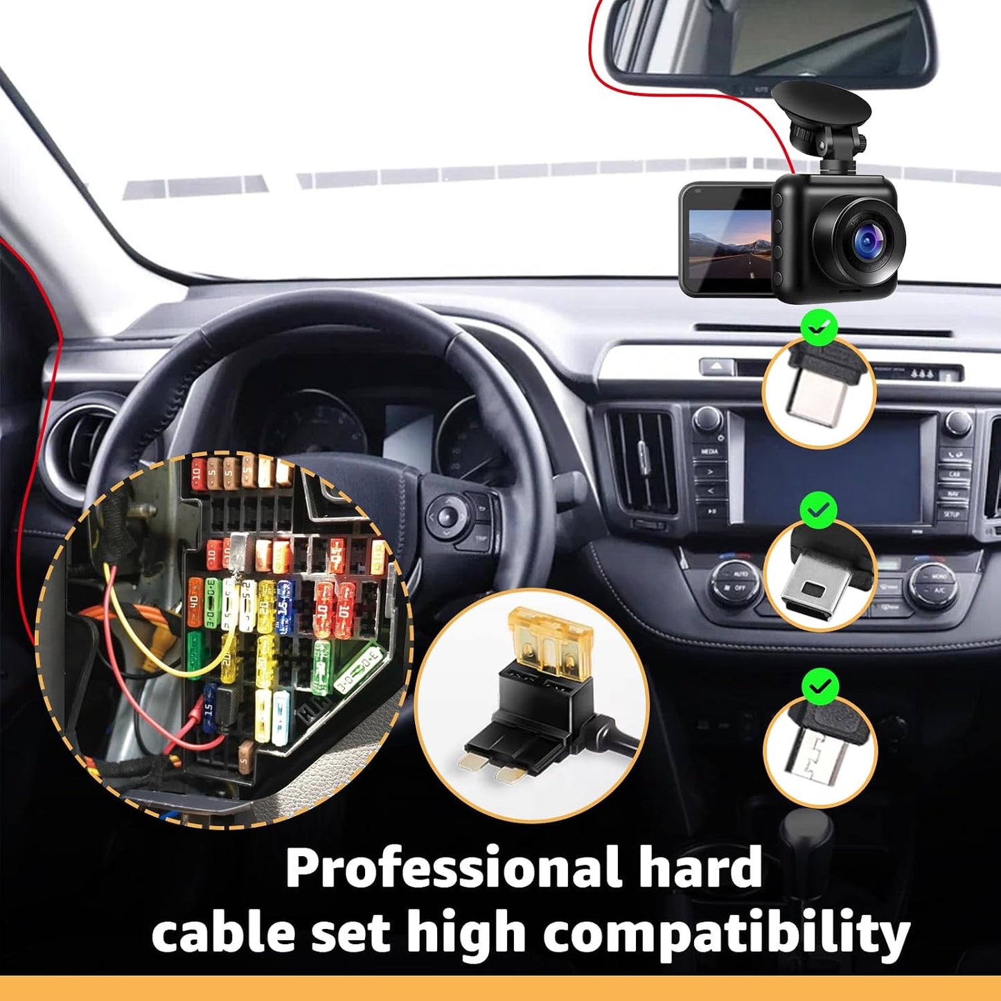 MONDGE 3-in-1 12V-24V 5V 13FT Hard Wire Kit USB-C & Micro/Mini USB Hardwire Kit for Dash Cams to Car Dash Camera Power