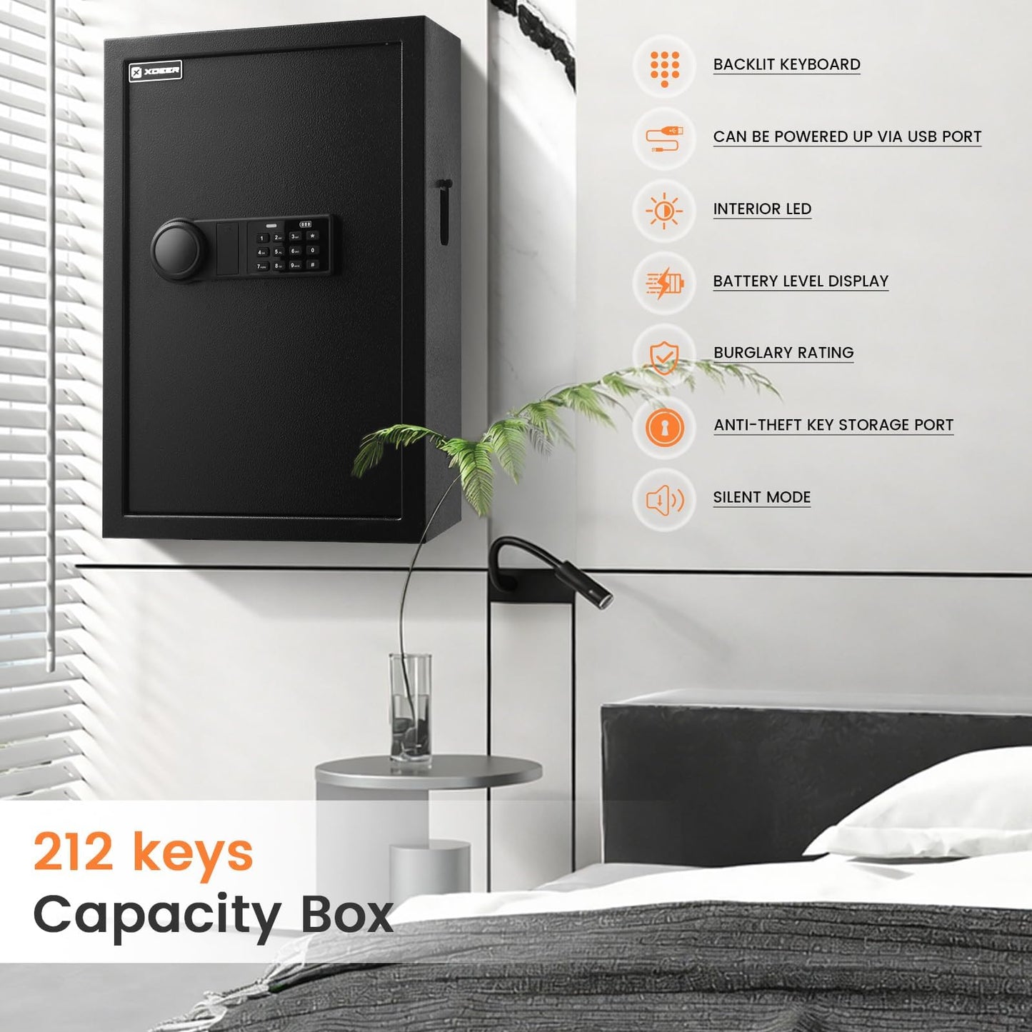 XDeer 212-Key Safe Wall Mount with Advanced Anti-Theft & LED Light, Key Cabinet with Combo & Key Lock for Hotels, Offices & Car Dealerships 1PCS
