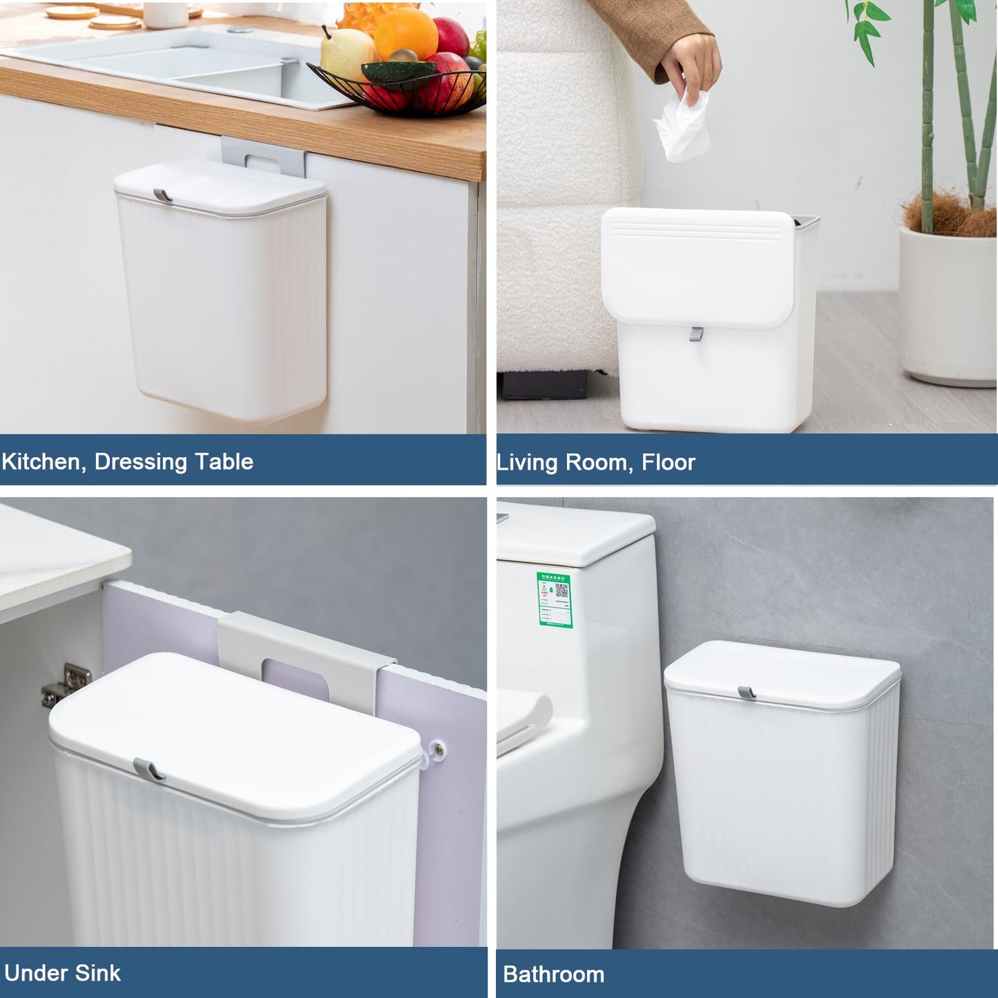 Ryhiac 2.4 Gallon Kitchen Compost Bin for Counter Top or Under Sink, Hanging Small Kitchen Trash Can with Lid, Wall Mounted Waste Basket Bin Garbage Can for Bathroom (White)