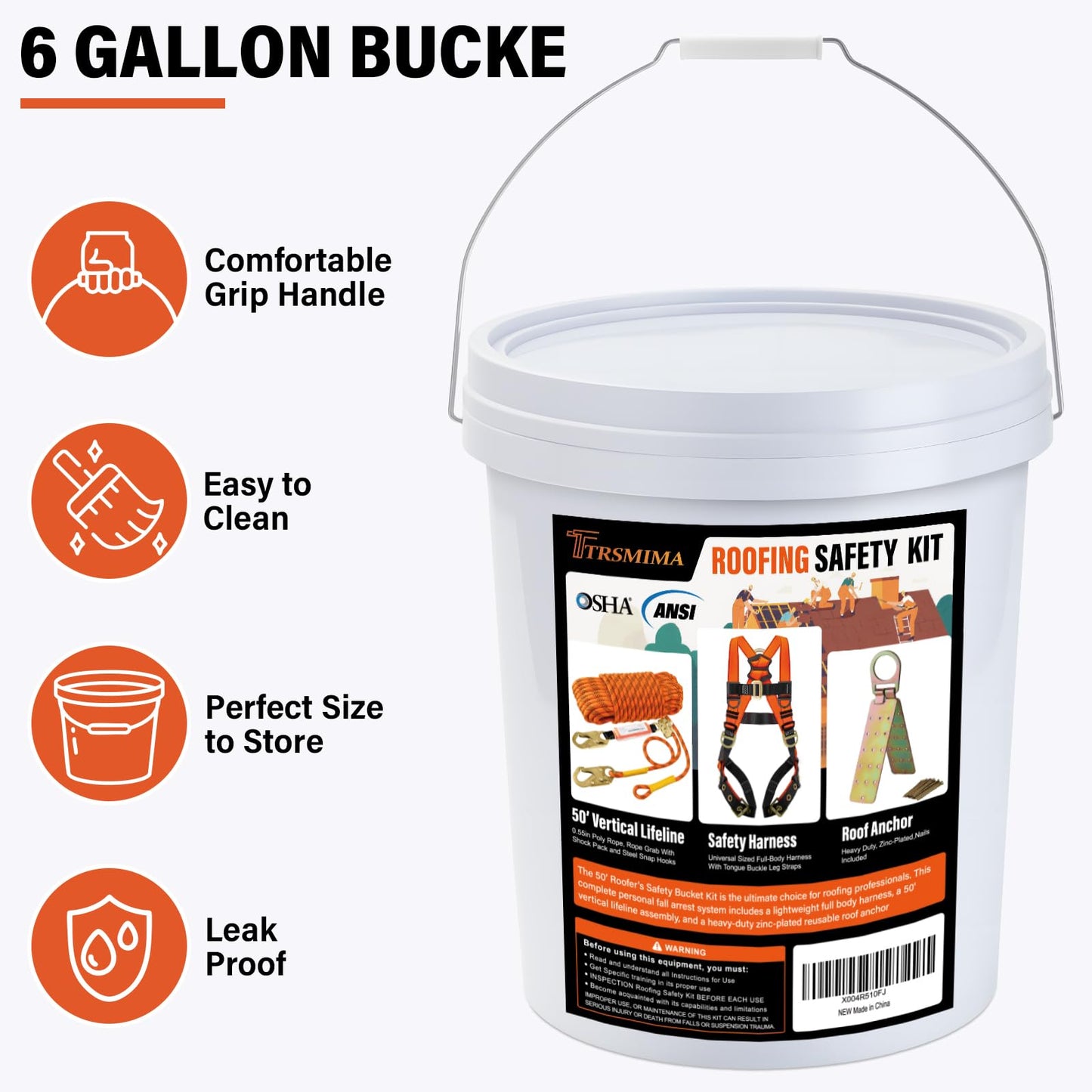 TT TRSMIMA Safety Harness Fall Protection Kit - Roofing Harnesses 50ft Safety Rope Lanyard Kit 5 Gallon Bucket Kit Roof Top Anchor Construction Work 20pcs Nails Included
