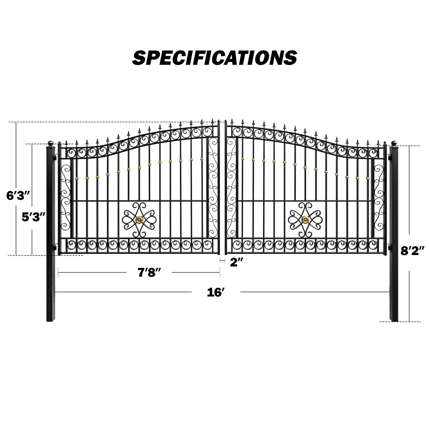 ZUMI Dual Swing Driveway Gate, 16x6 ft Heavy-Duty Galvanized Steel Security Gate Kit for Home Garden Yard & Family Safety, Outdoor Arched Swing Gate with Scrollwork & Gold-Tone Finials