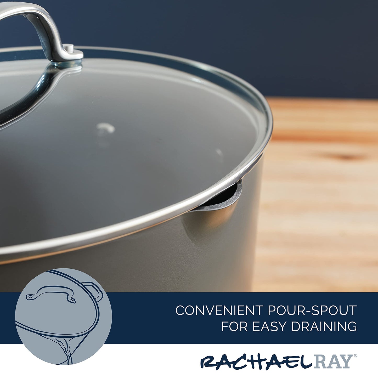 Rachael Ray 80090 Professional Hard Anodized Nonstick Cookware Oval Pasta Pot/Braiser, 8 Quart - Gray