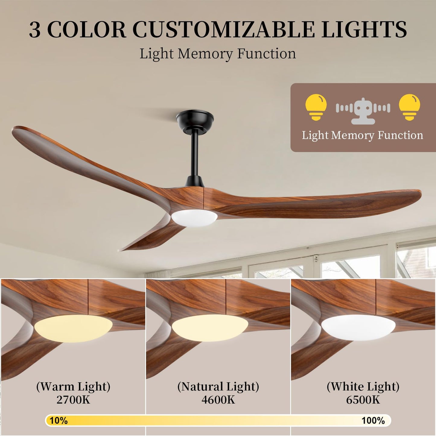 Obabala 70" Outdoor Ceiling Fan with Light and Remote, Solid Wood 3-Blade Ceiling Fan with DC Motor for Patio and Farmhouse, Dark Walnut