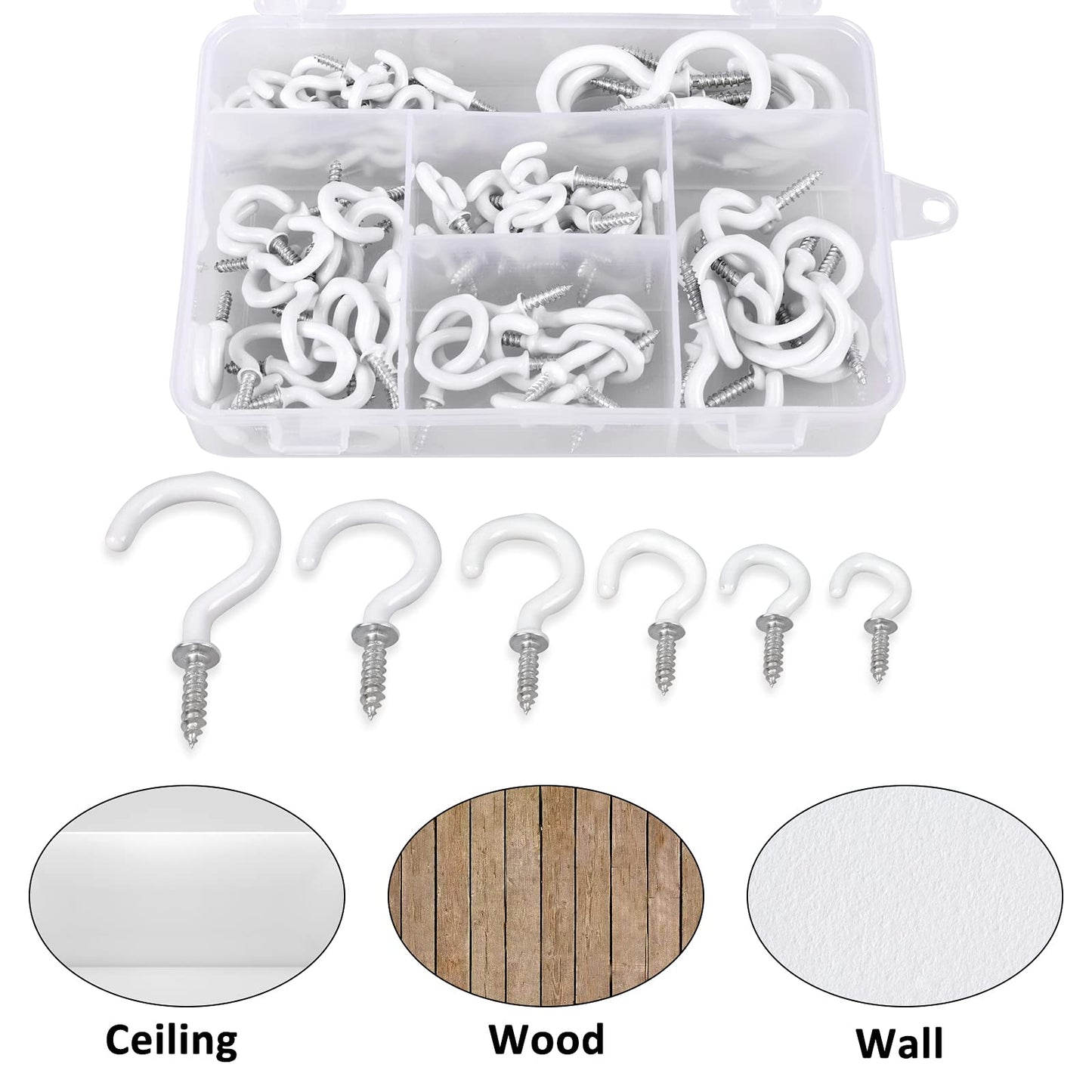 Romeda 90 Pcs White Ceiling Hooks kit, 6 Sizes Vinyl Coated Screw-in Plant, Kitchen, Cup, Ceiling Hooks for Hanging (1/2in, 5/8in,3/4in,7/8in,1'',1-1/4in)