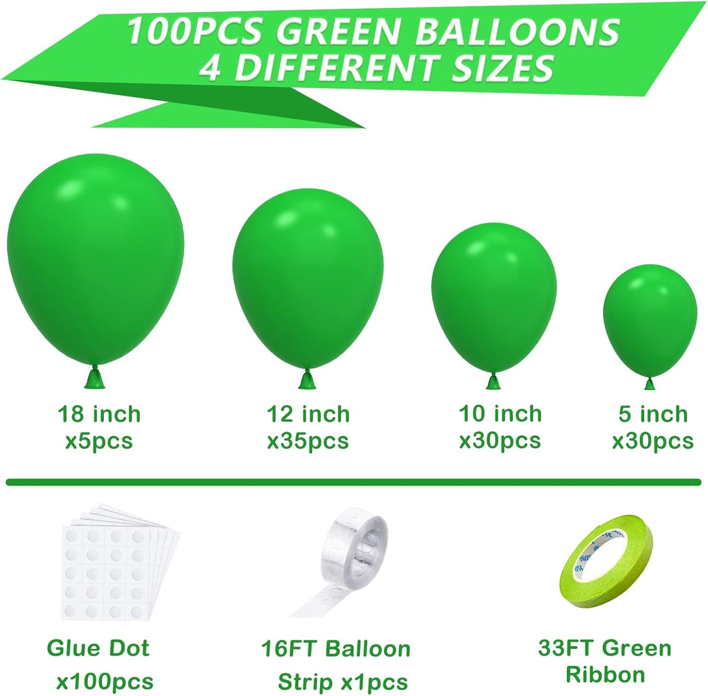 YAOWKY Green Balloons Kit - 100PCS Latex Balloons in 5, 10, 12, 18 Inches | Perfect for Parties & Events