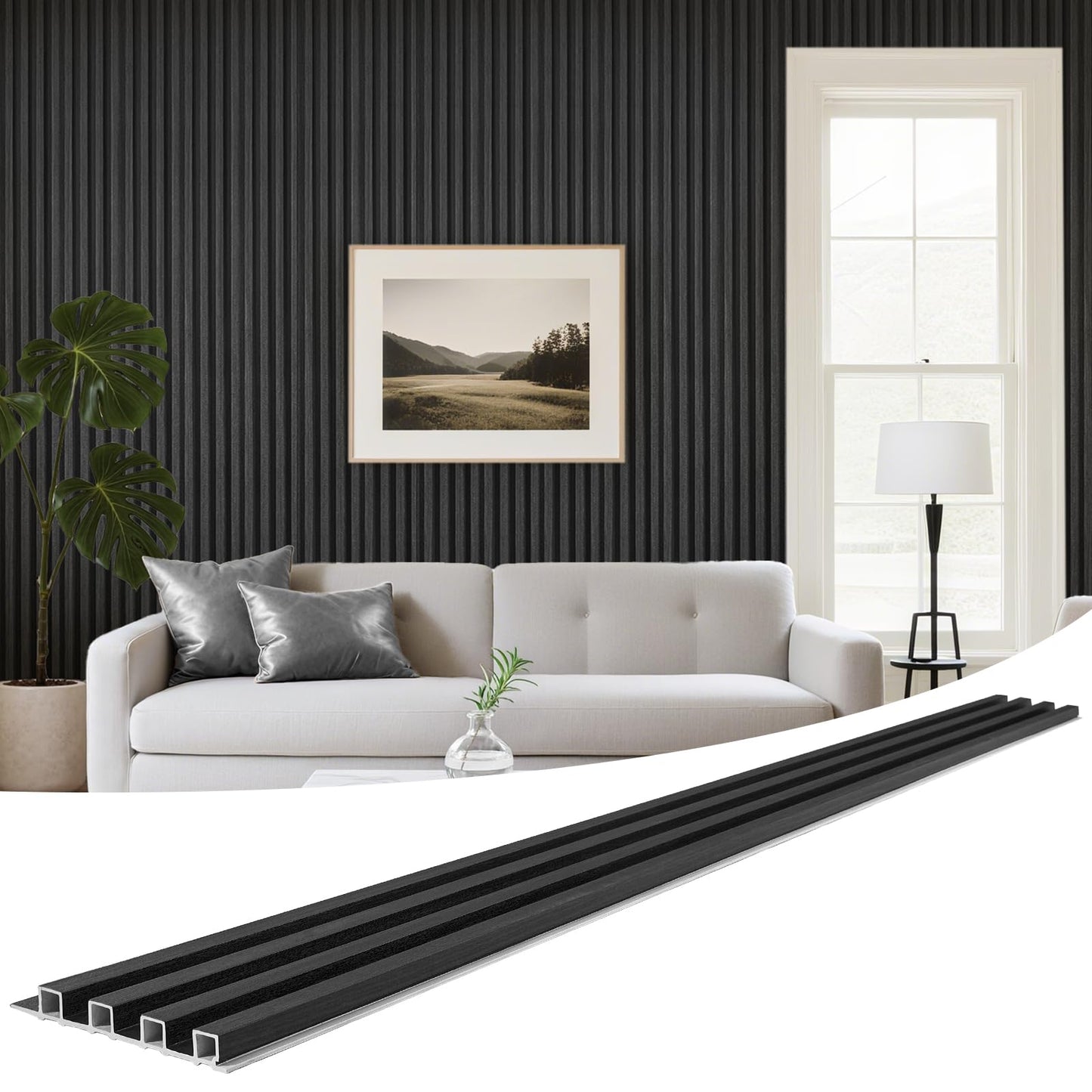 LARWORKS WPC Slat Wall Panels 8 Pack 96" x 6.6", Waterproof Fluted Wall Paneling, Accent 3D Wall Panel for Wall Decor, Bathroom, Bedroom, Office - High Grille Black (Cover Approx.35 sq.ft)