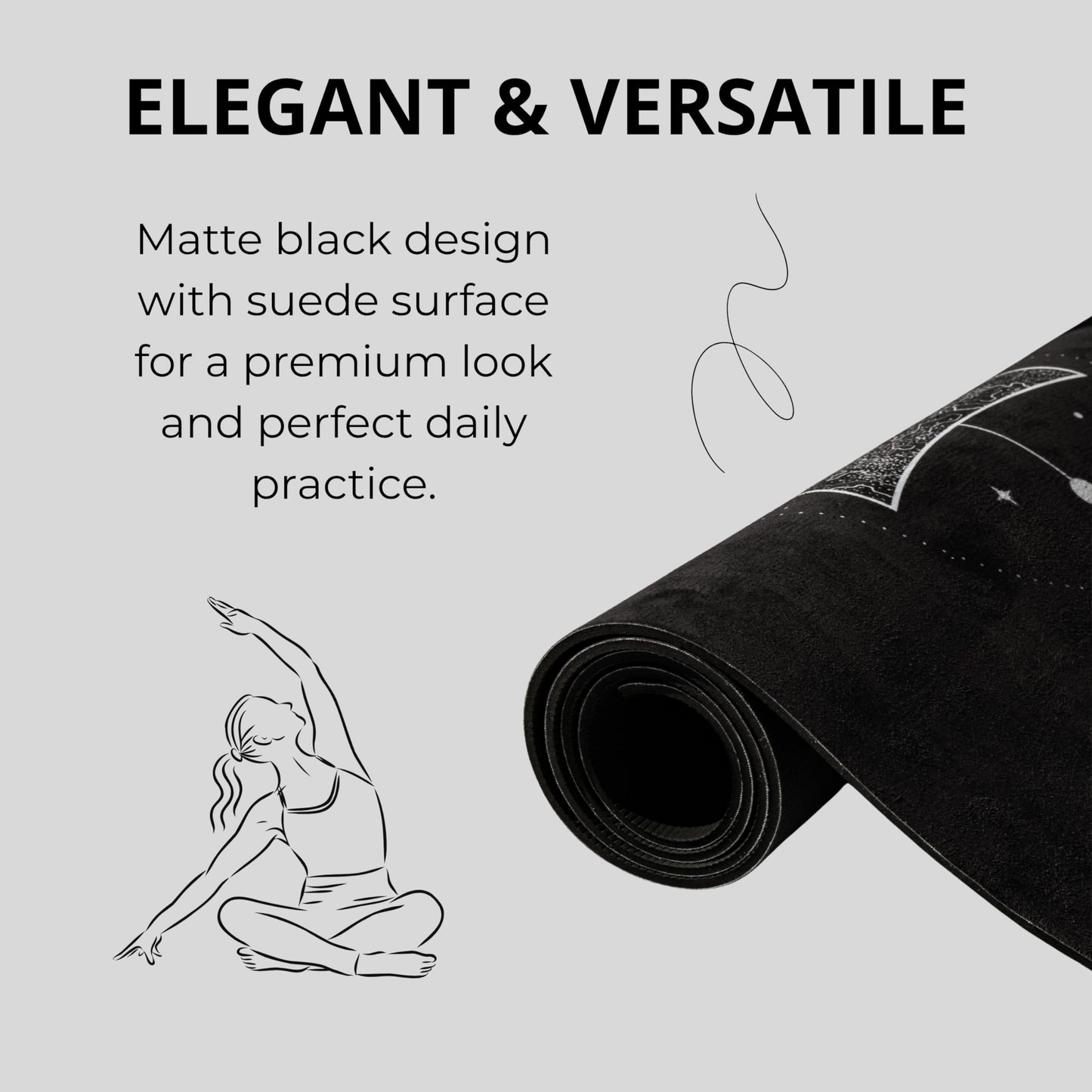 Yoga Mat With Strap 5mm Non Slip Suede & TPE - Moon Black Eco-Friendly Fitness & Exercise Mat for Home Gym, Pilates, Hot Yoga, and Meditation - Lightweight Durable 72 x 24 inch Workout Mat for Women, Men