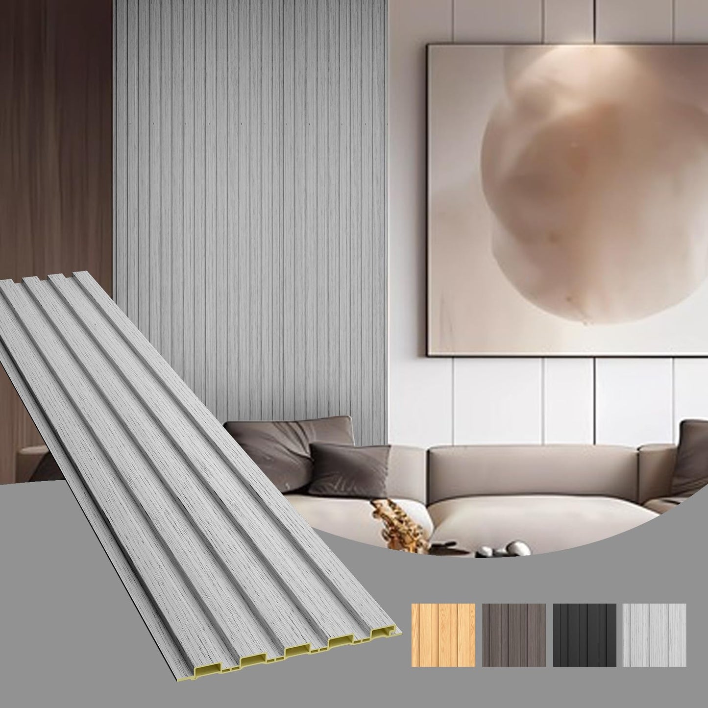 OUZUGIE WPC Acoustic Slat Wall Paneling, 8-Pack 96 x 6 Inches 3D Wall Panels for Interior Wall Decor,Living Room,TV Background,Study Room,Office Spaces,Bedroom,Low Grille (Grey)