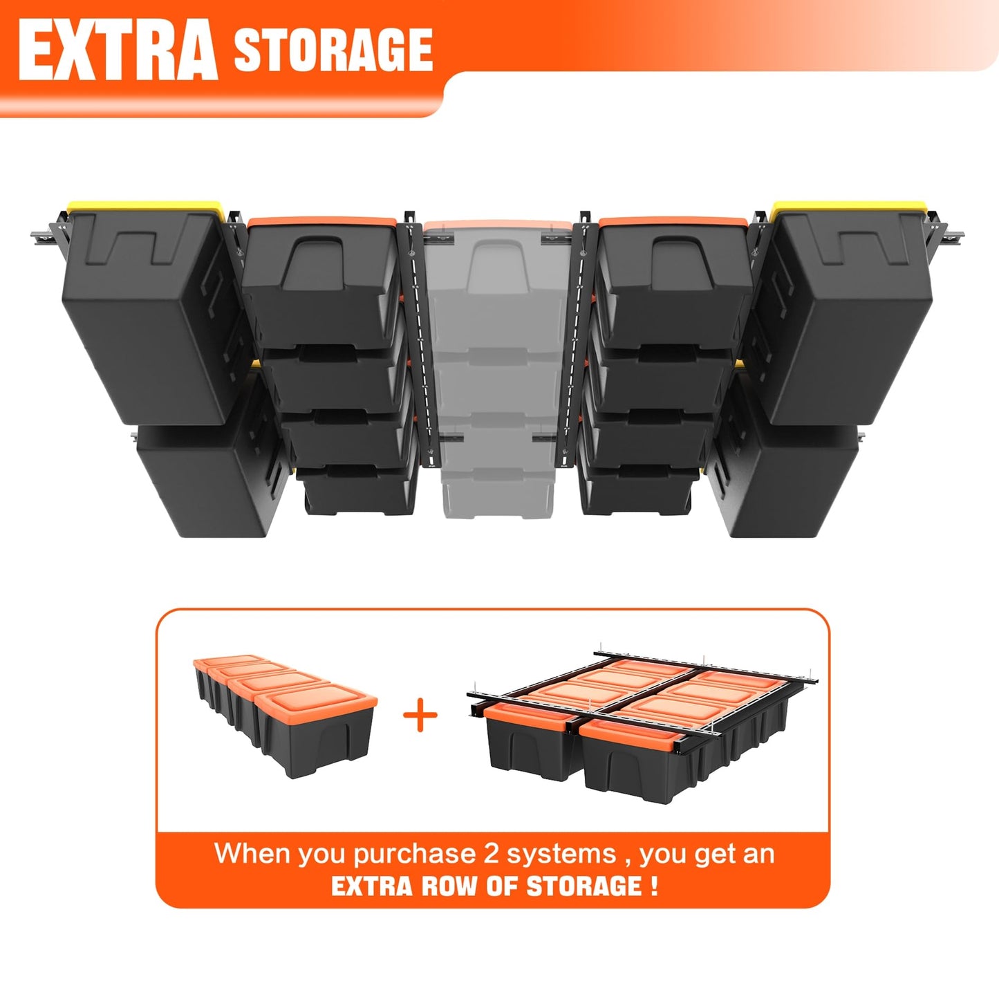 TORACK Garage Ceiling Bin Storage Rack, Overhead Tote Storage Rail System Heavy Duty Adjustable Tote Slide Rails Garage Bins Storage System(Black, Bins are not included)
