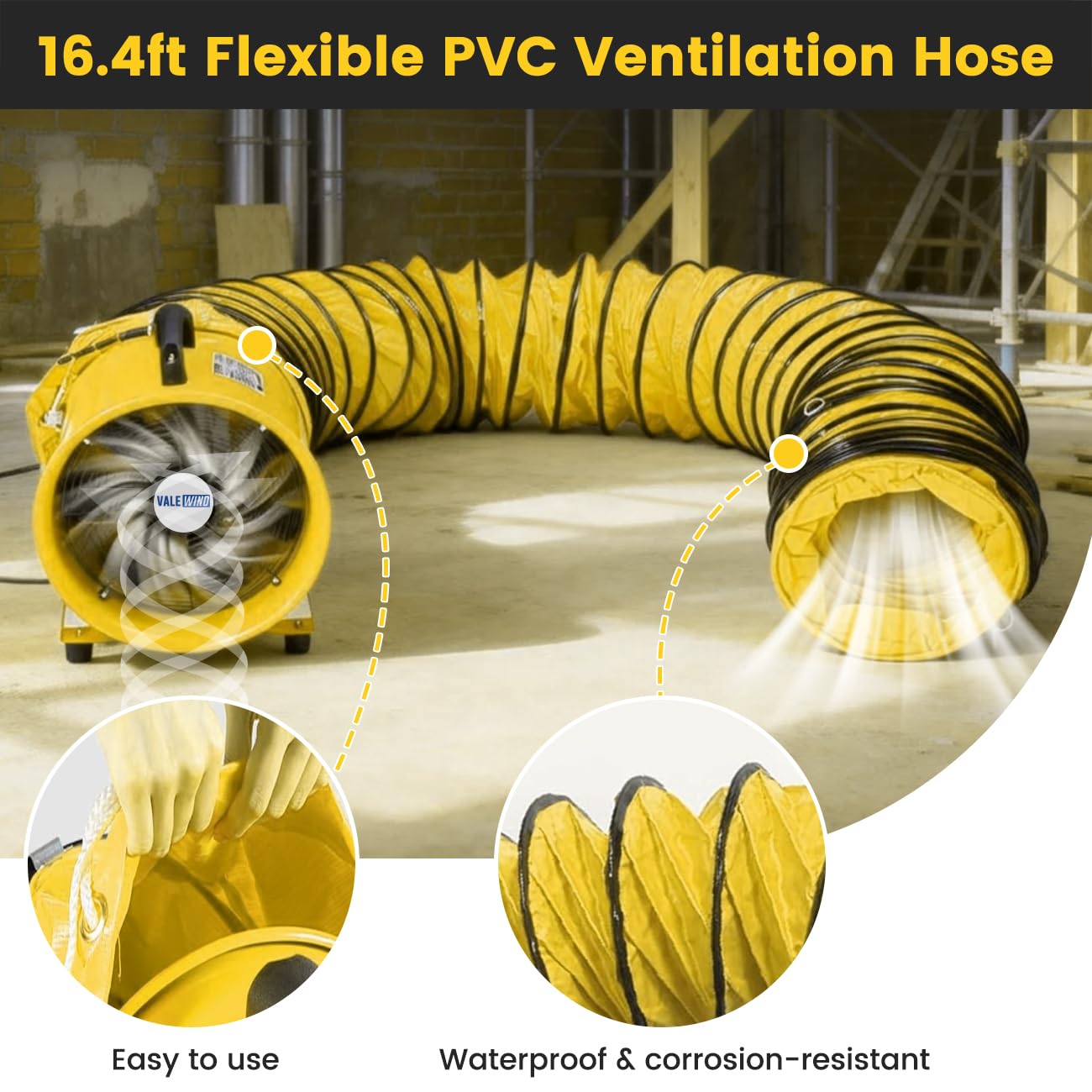 Valewind Heavy Duty Air Mover Portable Ventilation Fan 8Inch, 230W Exhaust Fan with 16.4ft Flexible Duct, 3500RPM Overheat Protection Cylinder Axial Fan, Industrial Portable Air Blower/Exhaust, Yellow