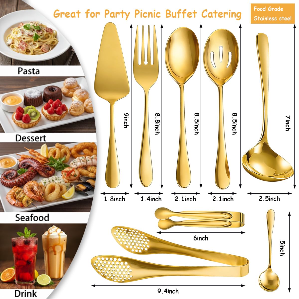 8 PCS Stainless Steel Serving Utensils, Ice Suger Tongs, Large Serving Spoons Slotted Spoons, Cake Server, Forks, Soup Ladle, Metal Utensils Set Tool for Buffet Catering Banquet Party(Gold)