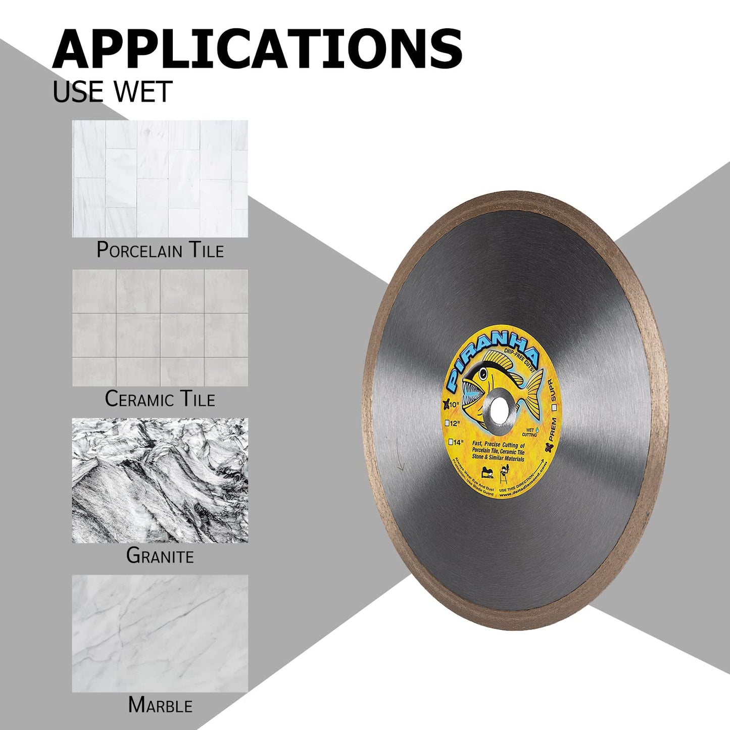 Delta Diamond Piranha Premium 10 Inch 3 Pack Tile Saw Diamond Blade, 5/8" Arbor, Continuous Rim, Wet Cutting Porcelain, Ceramic, Stone (10" 3pcs)