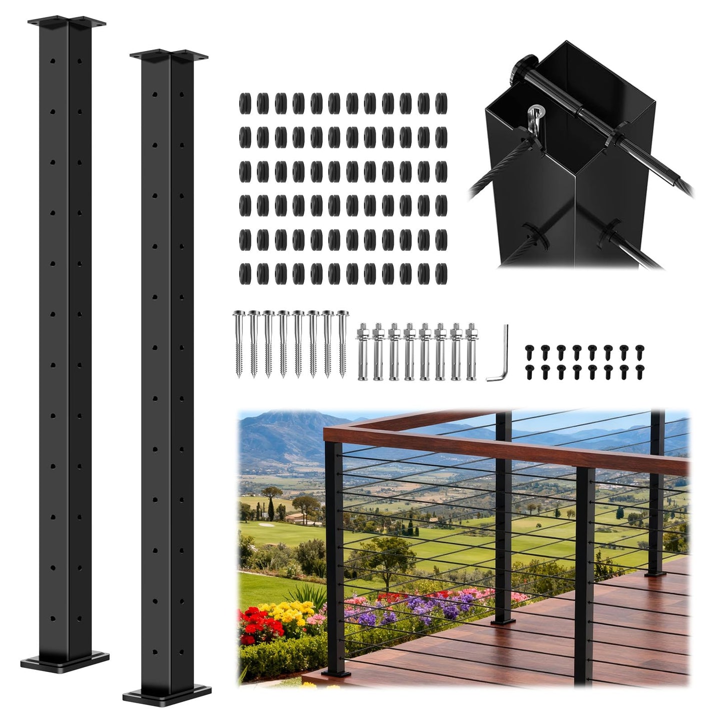 Zylorix 2Pack 42" 3-Sides Cable Railing Corner Post T304 Stainless Steel 90° T-drilled Post, 41"x2"x2" Surface Mount Fixed Top Black Cable Railing System Kit for Decks Balconys with Wire Grommets