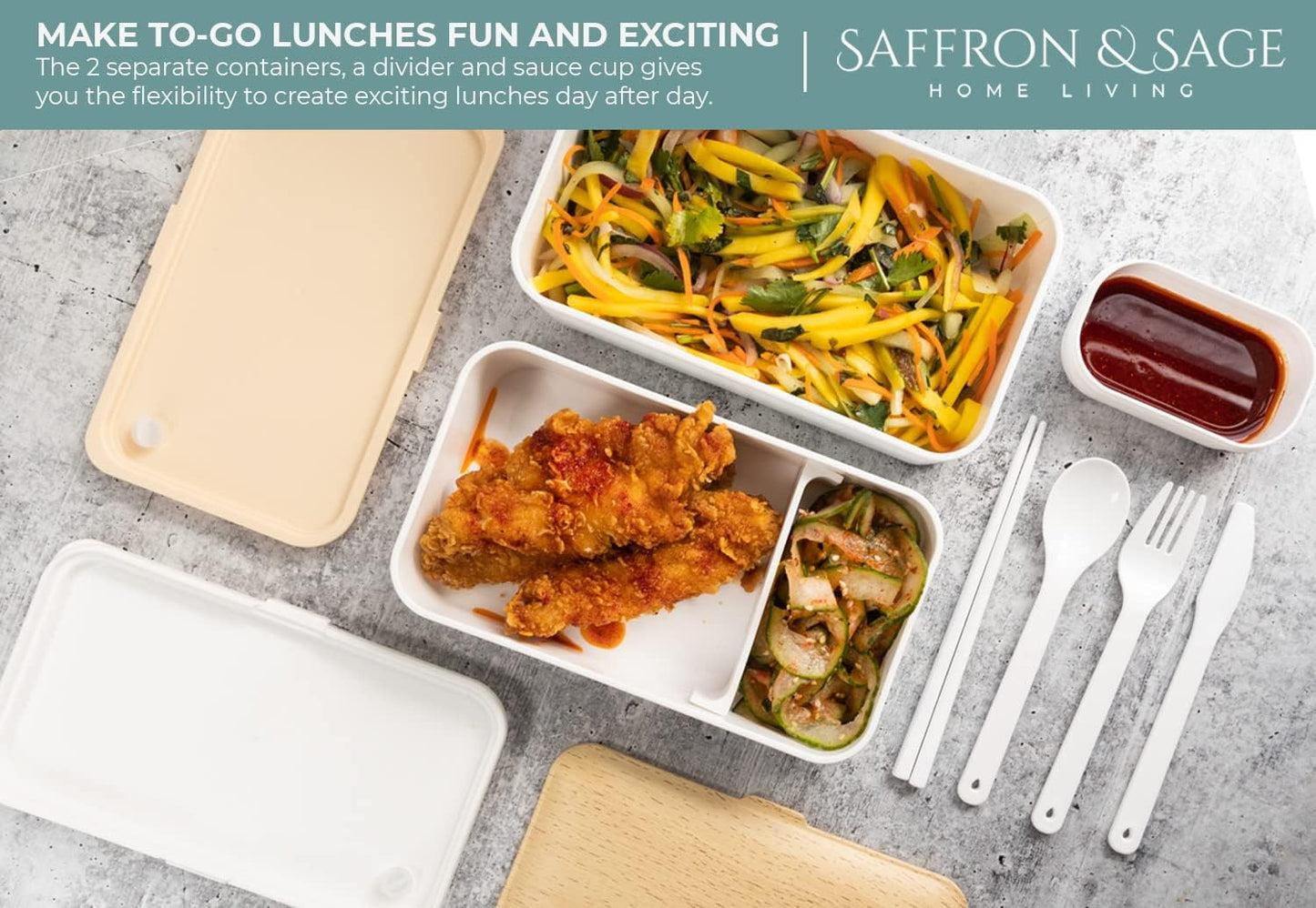 Saffron & Sage Bento Lunch Box - 42oz White Japanese Style Box with Cutlery & Bag | Leak-Proof & Microwave Safe