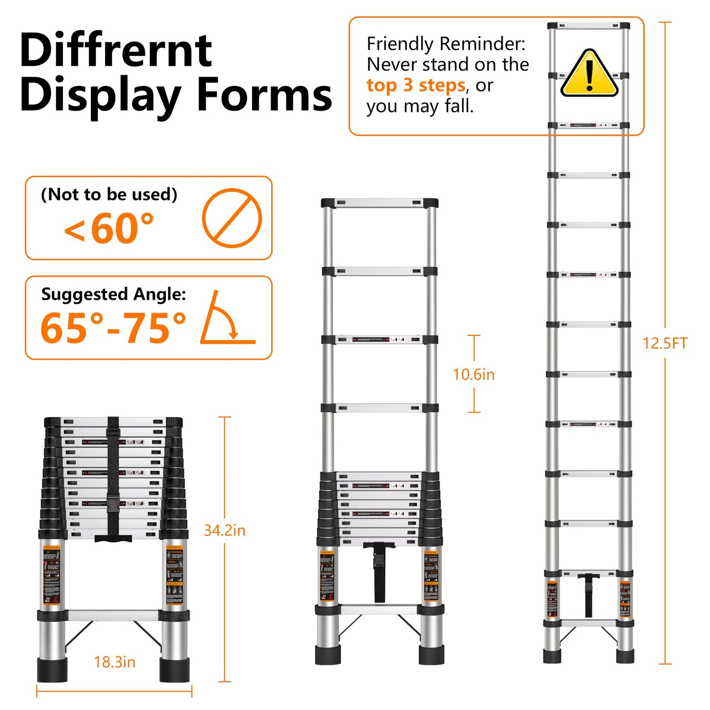 Telescoping Ladder 12.5 FT Telescopic Ladders Stainless Steel Extension Ladder with Triangle Stabilizers, Portable Collapsible Extendable Ladder for Home,RV,Outdoor Work,330lbs Max Capacity