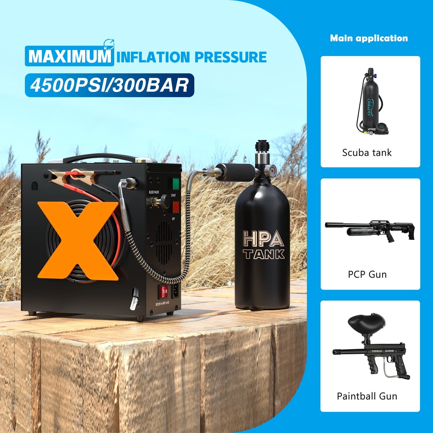 PCP Air Compressor 4500Psi/30Mpa Oil-Free & No-noise High-Pressure Air Compressor with Water/Oil Separator, Auto-shut suitable for Scuba Tank, Air-Gun, Powered by 12V DC or 110V-220 AC
