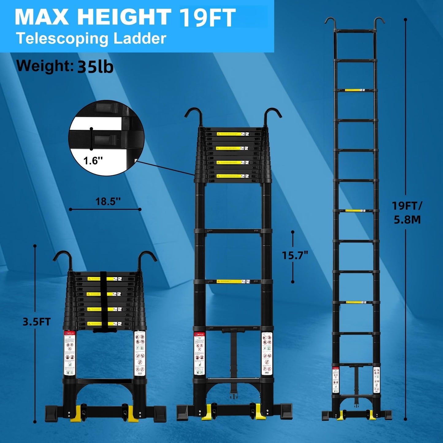 Wolec 19 ft Aluminum Telescoping Ladder, 330 lb Load, Hooks Wheels Stabilizer Bar, Portable Collapsible Ladder for Home Use and Work, Black