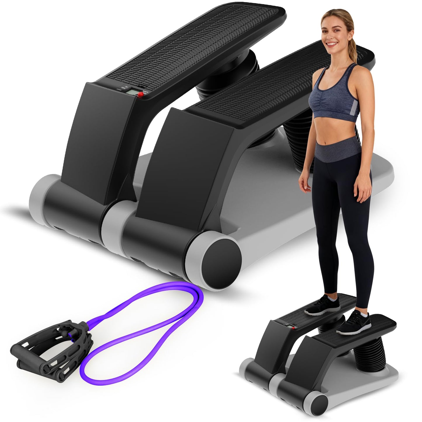 Air Stepper Exercise Machine with Resistance Bands, Stair Stepper with LCD Monitor, Adjustable Resistance Cardio Trainer for Home Workout, Compact Fitness Equipment, 300 lbs Weight Capacity (Gray)