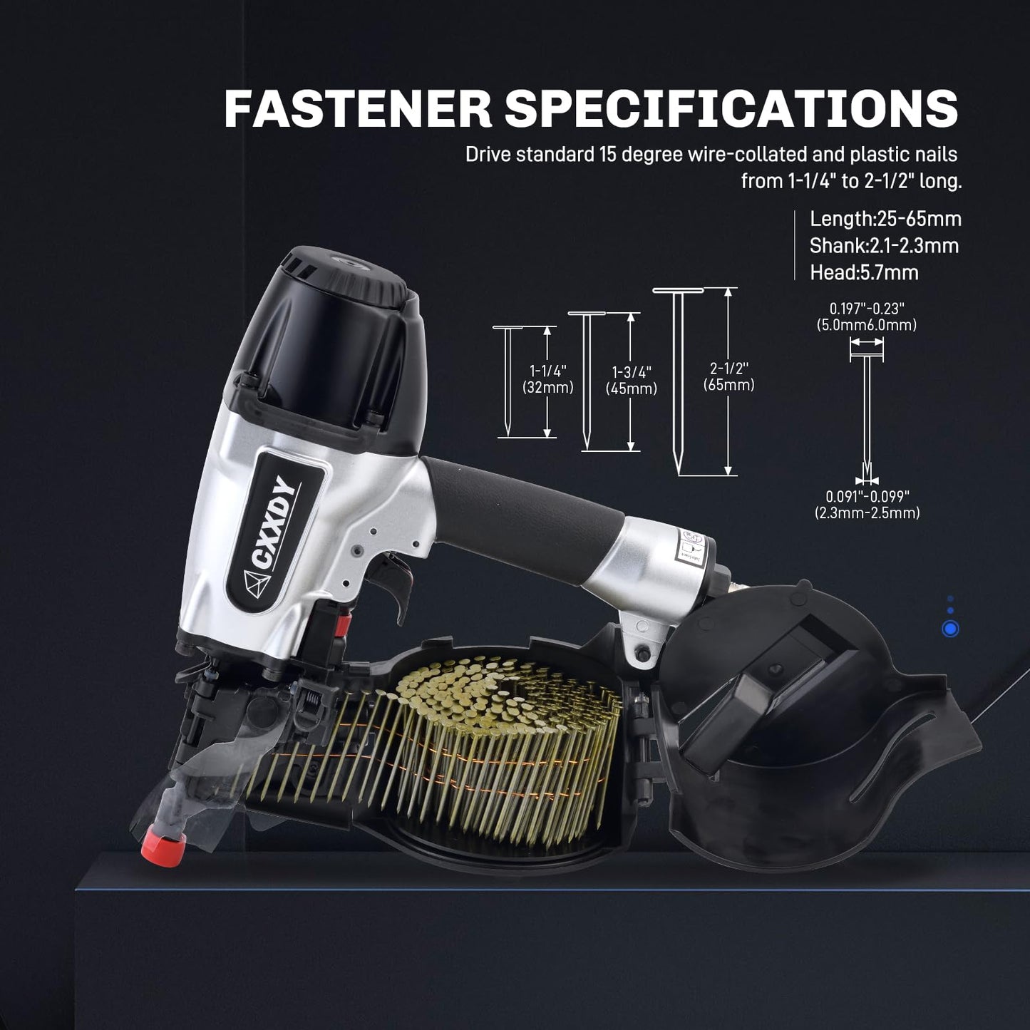 CXXDY Siding Nail gun 15 Degree 1-1/4” to 2-1/2” Coil Siding Nailer – High-Speed Pneumatic Siding Nailer for Siding, Framing, and Fencing – Professional-Grade Performance for Contractors and DIYers