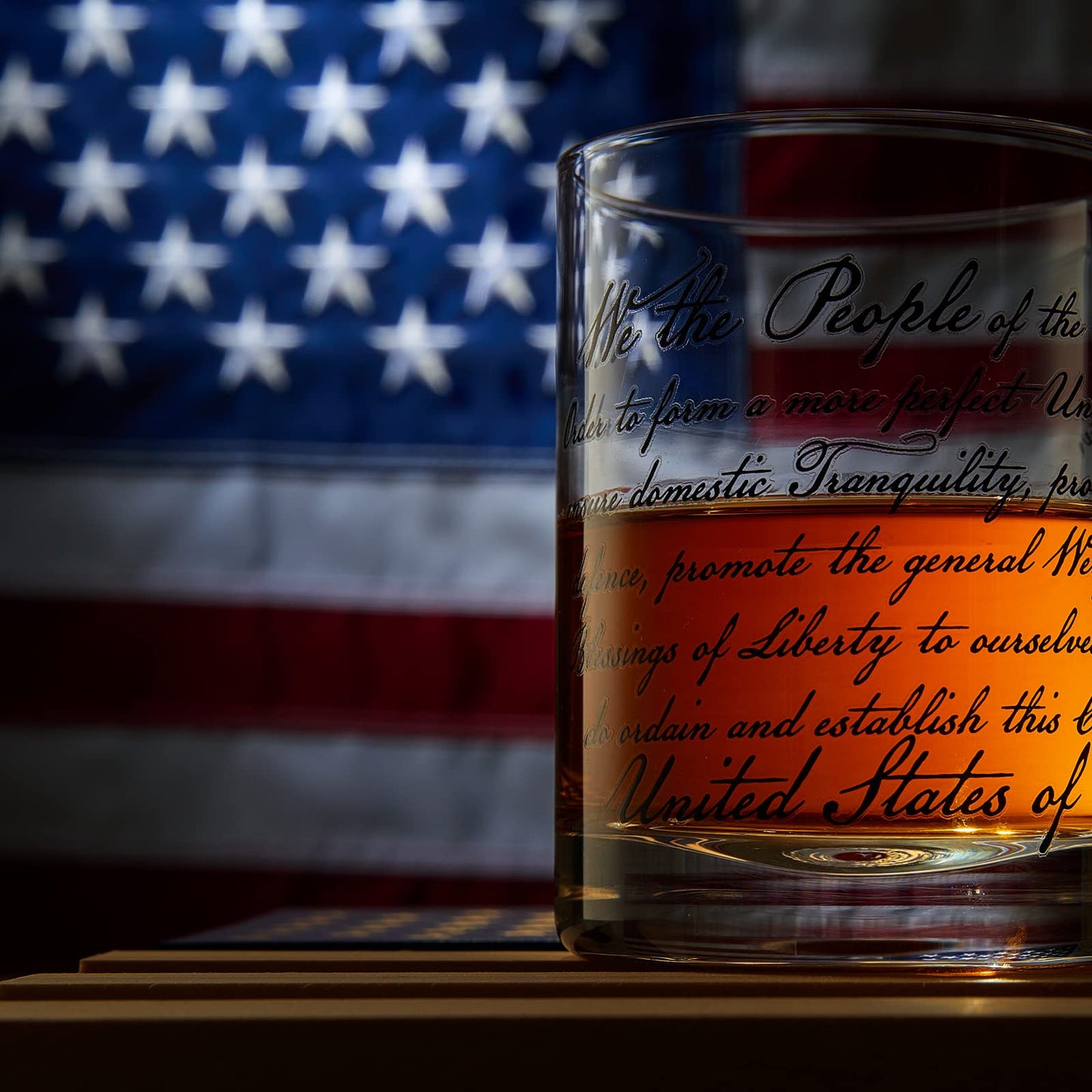 Whiskey Glasses – United States Constitution - Wood American Flag Tray & Set of 4 We The People 10oz America Glassware, Old Fashioned Rocks Glass, Freedom of Speech Law Gift Set US Patriotic