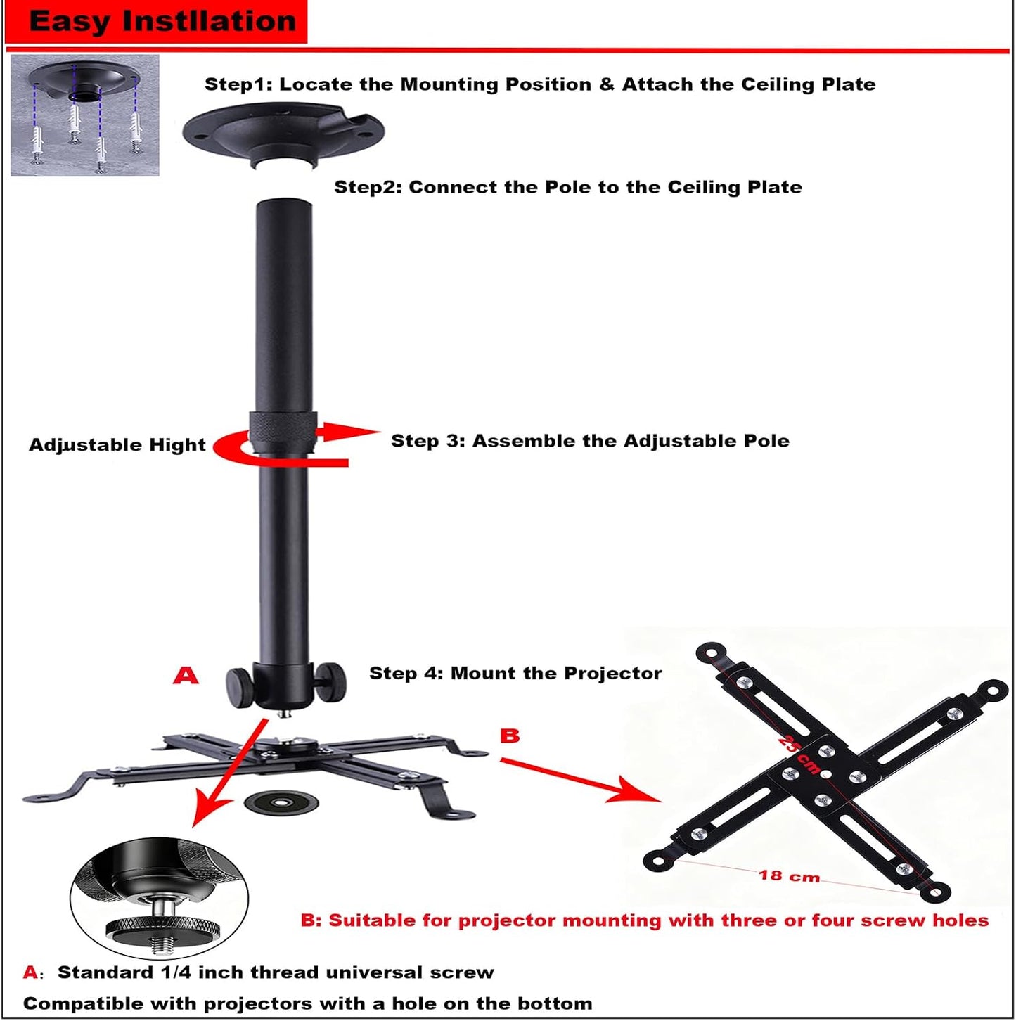 DAWASAPAT -Inch Projector Ceiling Mount with New Gimbal, Adjustable Length Projector Mount, Screw, Compatible with Most