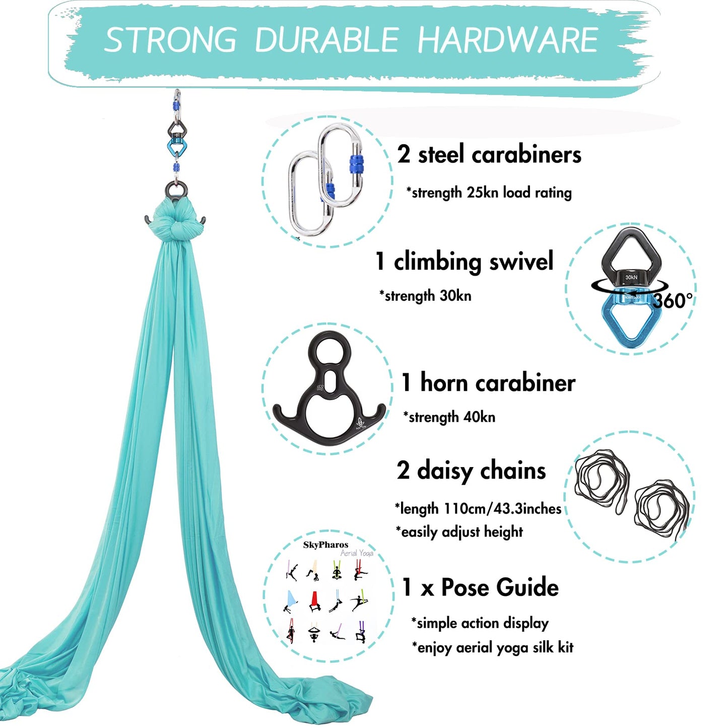 SKYPHAROS 11 Yards Aerial Silks Yoga Swing Set - Aerial Yoga Hammock Kit Anti-Gravity Flying for Fitness, Low/Non Stretch Nylon Tricot Fabric Hardware Included for Dance