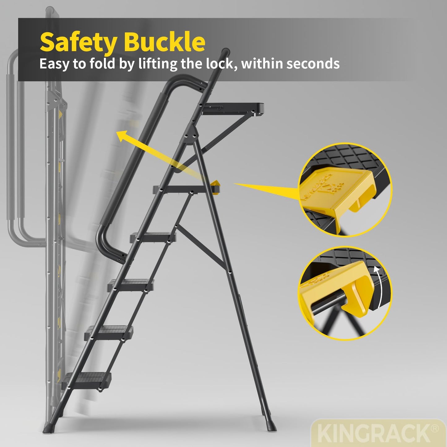 KINGRACK 5 Step Ladder, Sturdy Steel Step Stool with Anti-Slip Wide Pedals, Handrail, Safe-Lock Design, 800lbs Folding Portable Ladder for Multi-Purpose, Home, Kitchen