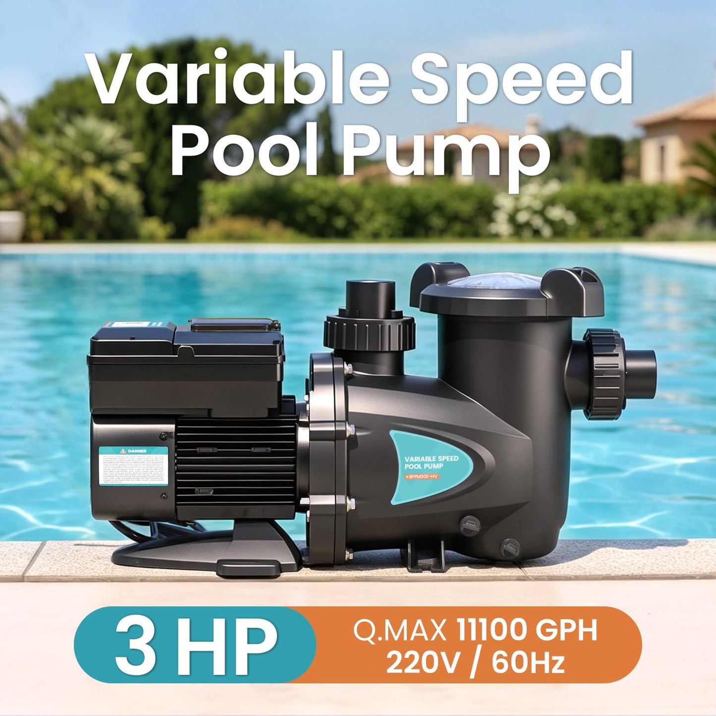 Vidapool Variable Speed Pool Pump, In/Above Pool Pump with Filter Basket, 3 HP, 220V, 11100GPH