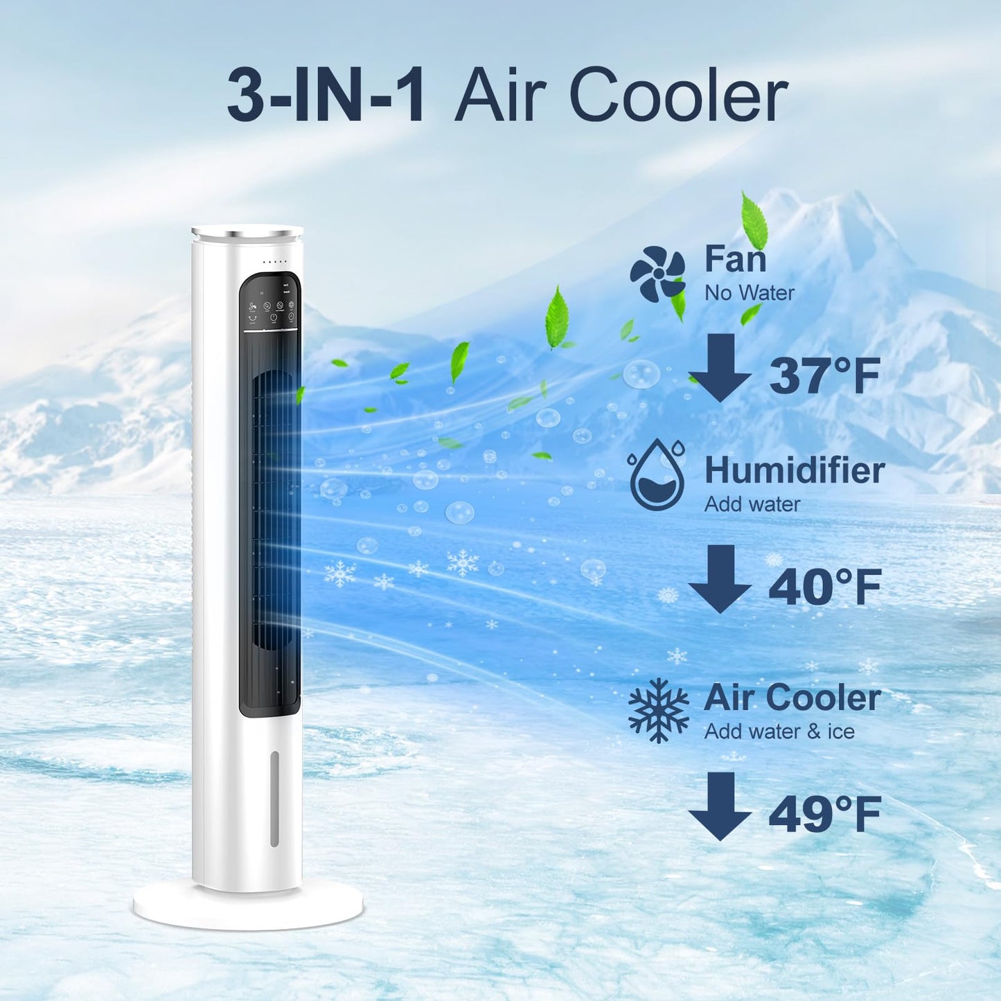 BIESQYA Windowless Portable Air Conditioner Ac Unit with Remote,37” Ventless Evaporative Air Cooler,Quiet Swamp Cooler for 4 Modes, Ductless Tower Fan For 12H Timer, Ice Packs for home White