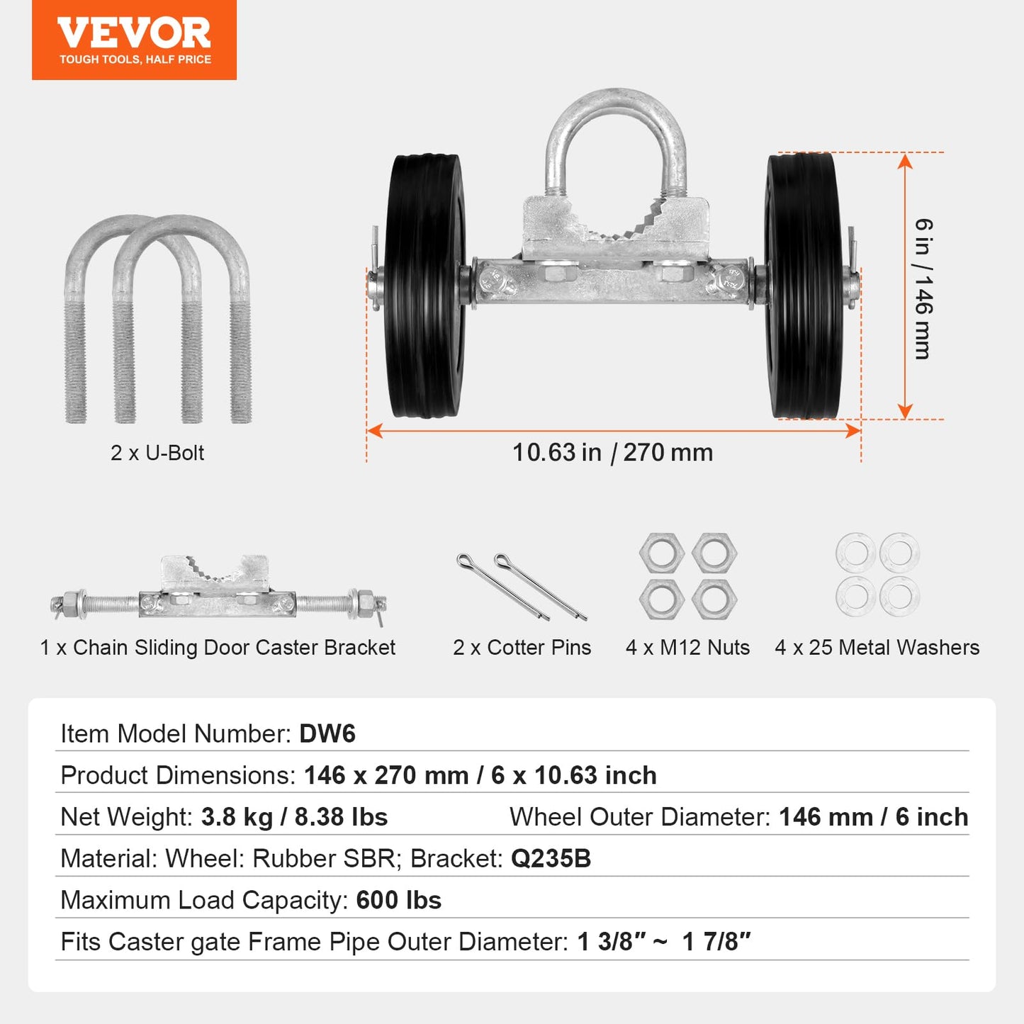 VEVOR Sliding Gate Kit, 6” Rolling Gate Hardware Kit, Universal Adjustable Sliding Gate Rollers Track Wheels, Heavy Duty Sliding Gate Guide Roller for Sliding Gates and Rolling Door,600lbs Load,Black