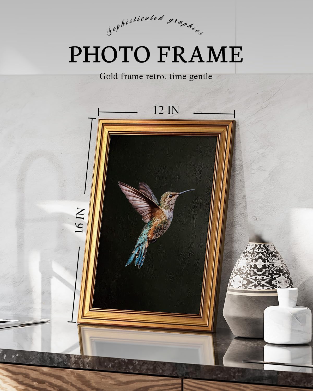 VIYYIEA Gold Framed Canvas Wall Art - Dark Hummingbird Photo Art Print for Home Decor | 12x16 Inch