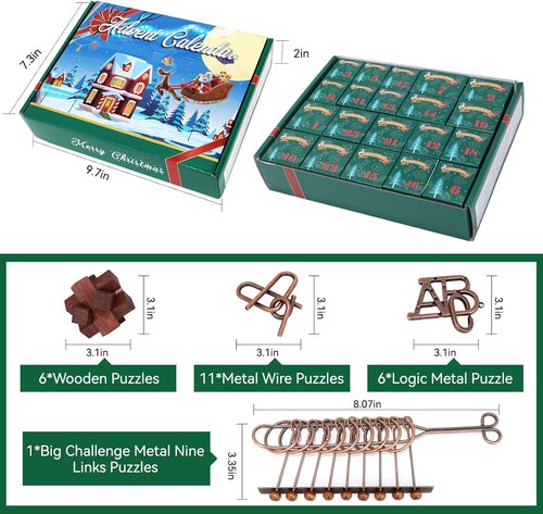 Advent Calendar 2025 - Christmas Countdown Gift Box with 24 Brain Teaser Puzzles for All Ages