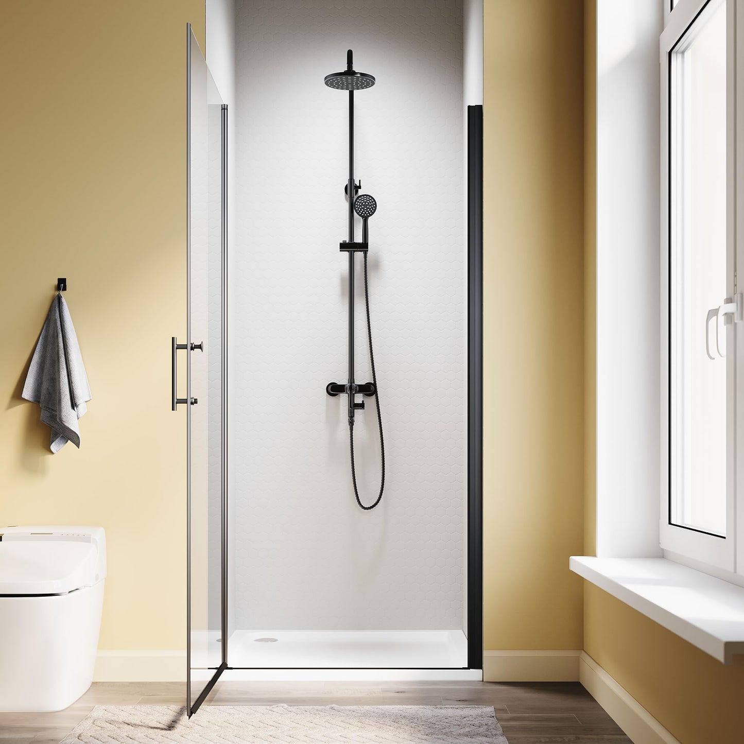 SL4U Pivot Shower Door, 34" W x 72" H, 1/4" Tempered Glass Shower Door, Pivot Swing Shower Glass Door, Easy to Clean, Matte Black Finish