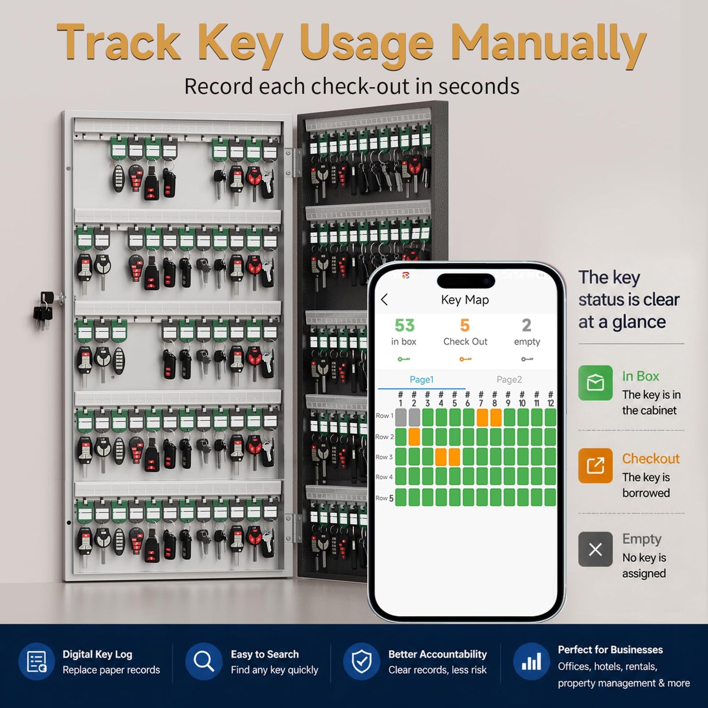 DiDiHere 120-Key Smart Key Lock Box, Wall-Mount Key Cabinet with Key Management App(Track Key Borrow/Return), Keypad, Bluetooth & WiFi Unlock (Sold Separately) for Commercial, School, Rental, Office