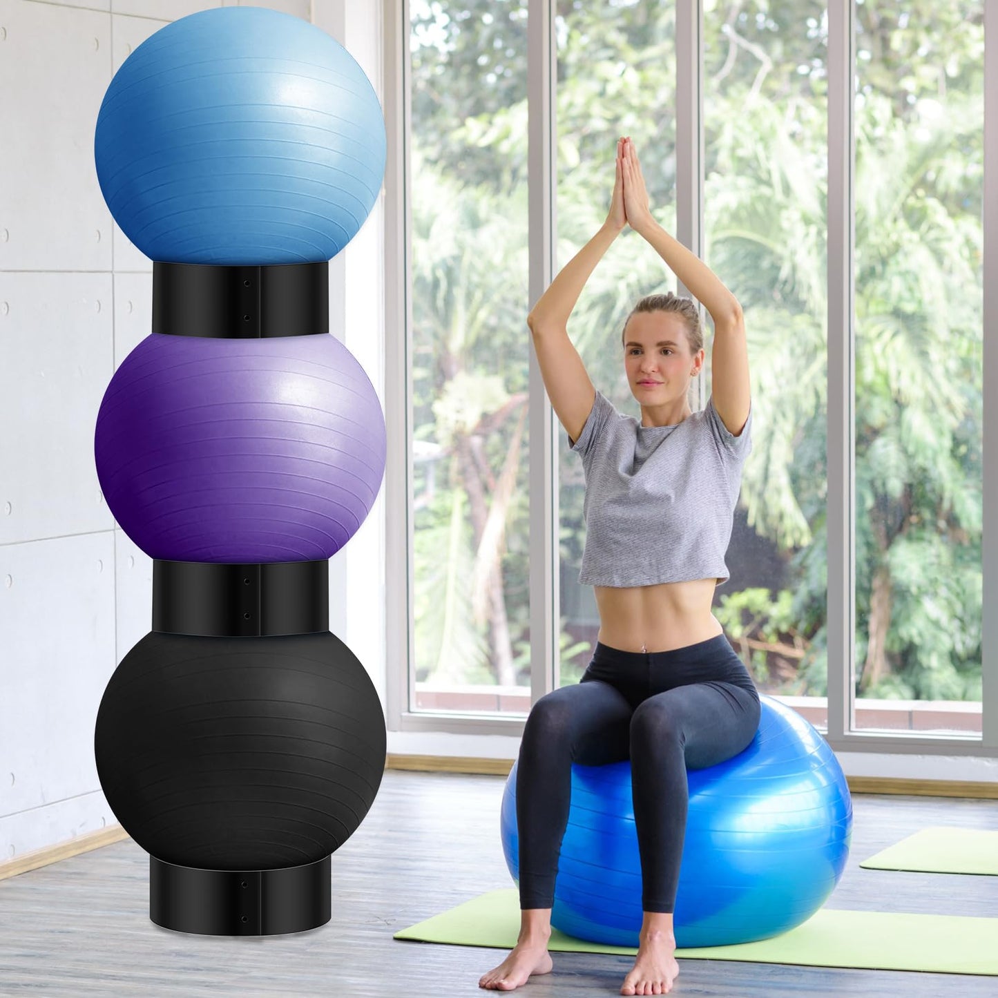 Wenqik 3 Pcs Exercise Ball Stand Holder 14.5 Inch Plastic Yoga Ball Base Stability Fitness Display Stand Medicine Therapy Carrier Storage Stackers(Black)