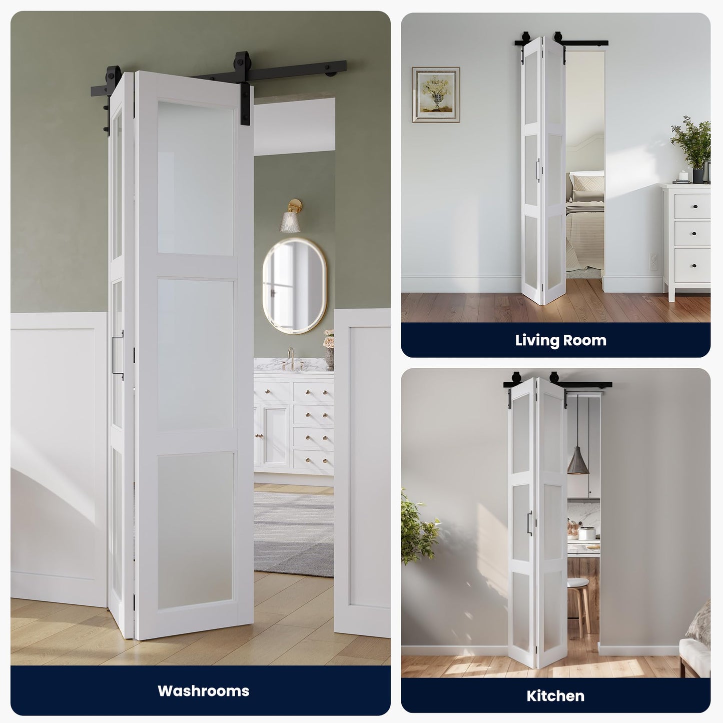 SMARTSTANDARD 30in x 84in Bifold Barn Door, Frosted Glass Barn Door with Hardware Kit Included, Pre-Drilled Holes Easy Assembly -Solid Barn Doors Slab Covered with Water-Proof PVC Surface, White