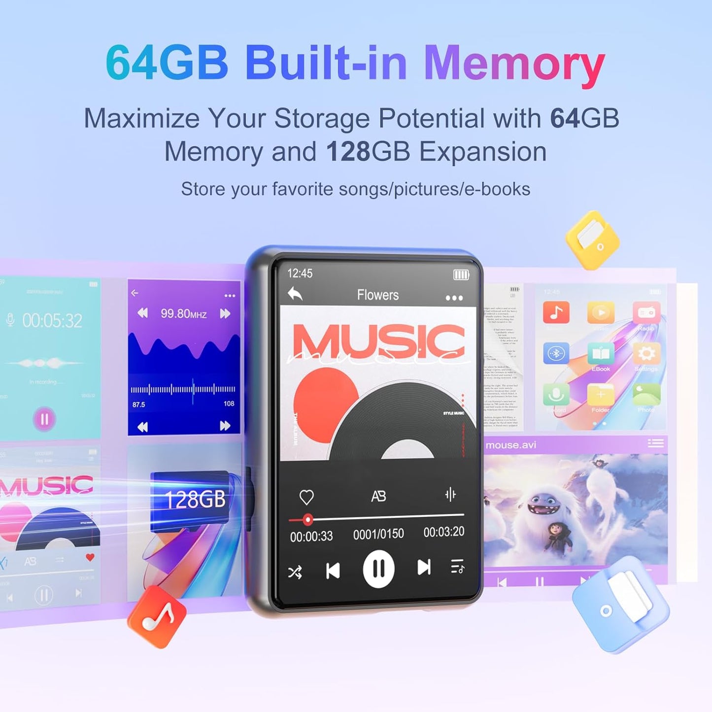 MECHEN 64GB MP3 5.3 2.4" 128GB. Player Bluetooth with Full Touch ScreenPortable Digital Music Player with SpeakerFM