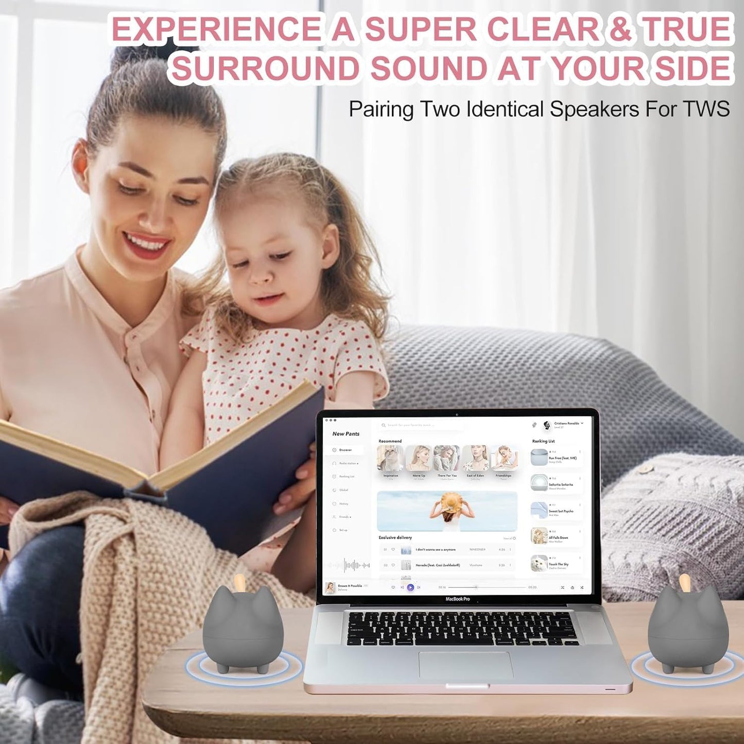 Svemei 2PCS Pairing,40H Portable Bluetooth Speaker, Cute Cat Mini Wireless Speakers with Loud Stereo Sound, Built