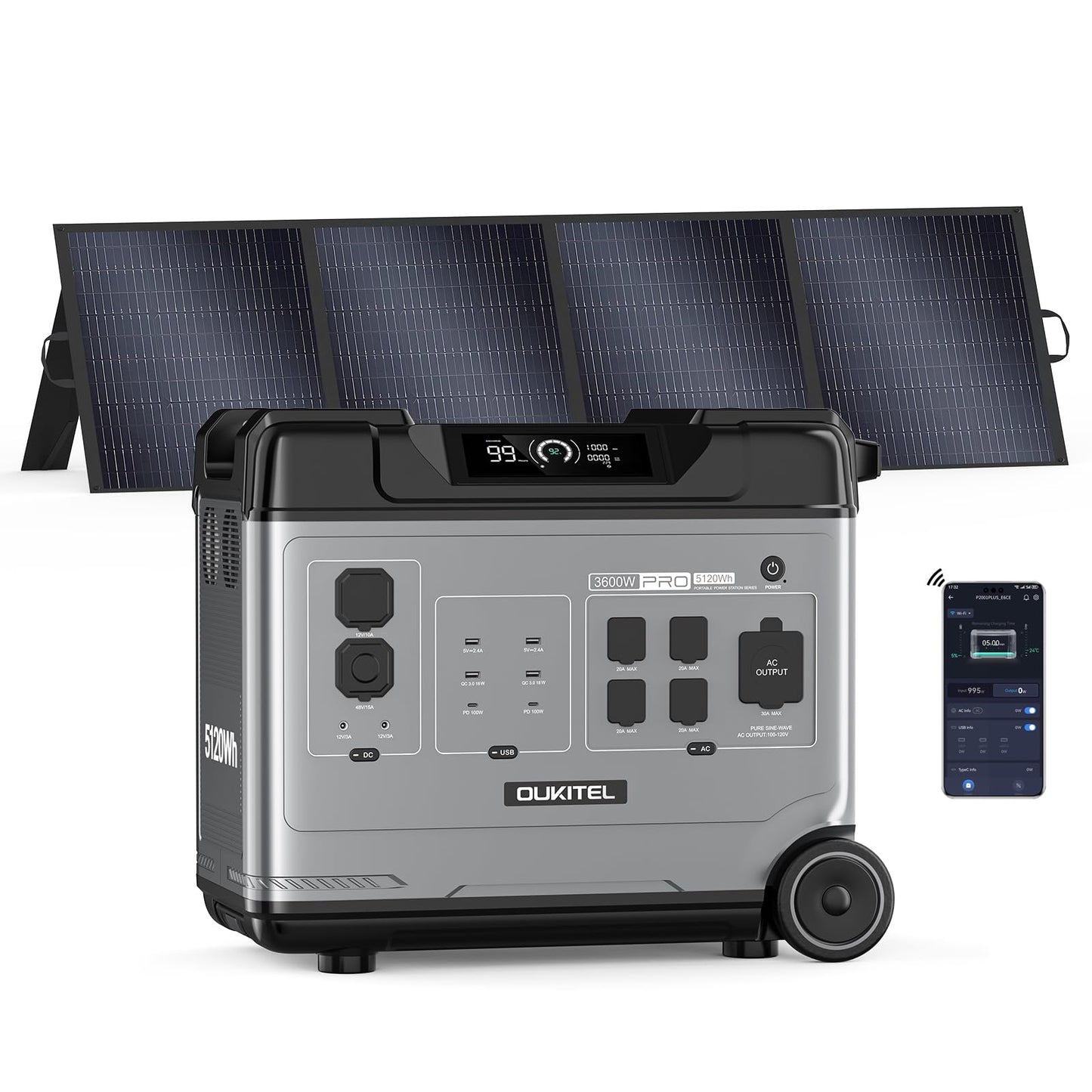 P5000 Pro 5120Wh Portable Power Station with 1×200W Solar Panels, 3600W(7200W Surge) Solar Generator with LiFePO4 Battery, 5×3600W AC Output, for Emergency, Home Backup, RV, Camping