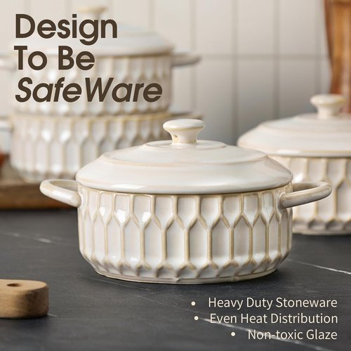 Mini Cocotte Set | 14 OZ Ceramic Casserole Dishes with Lids - Set of 4, Beige, Oven & Microwave Safe