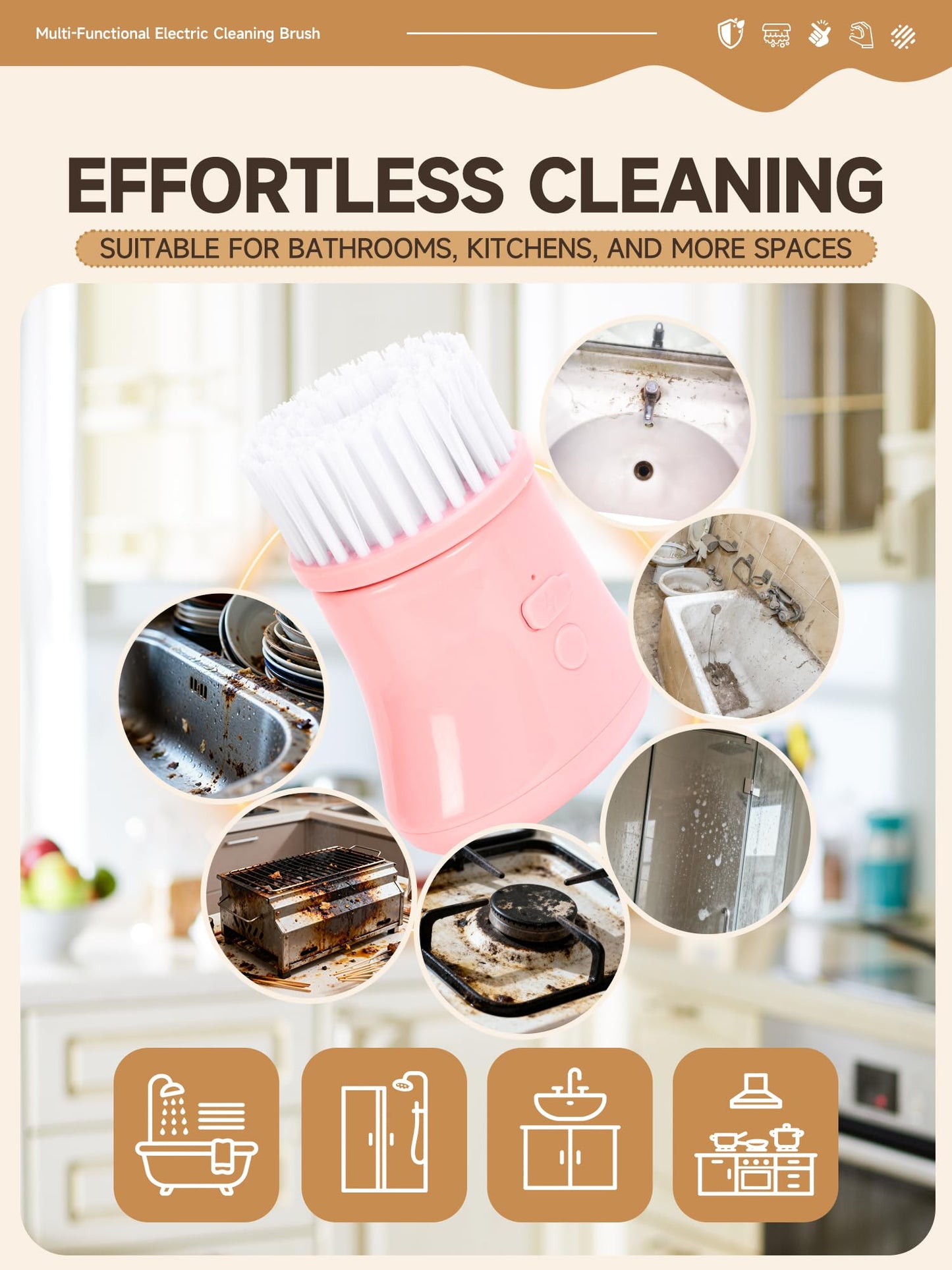 Pink Electric Spin Scrubber, Cordless Handheld Dish Scrubber Brush for Kitchen & Bathroom, Power Scrubber for Cleaning Sink, Grout, Shower, Aesthetic Pink Kitchen Accessories & Supplies
